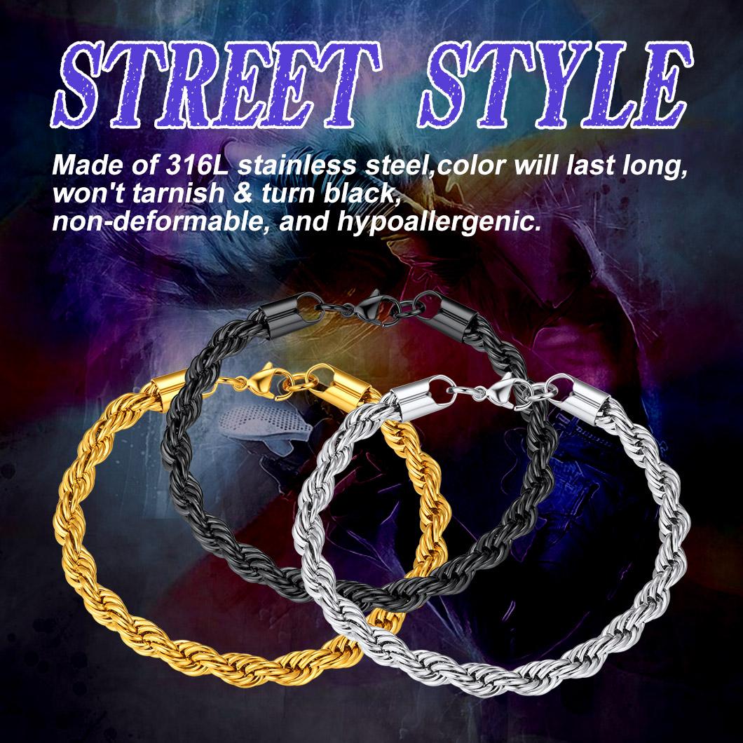 U7 Twisted Rope Chain Bracelet Cuban Chain Figaro Chain Daily Casual 3/6/9mm Bracelet for Men Women Stainless Steel Hypoallergenic Strong Link Braided Wrist Chain Bracelet