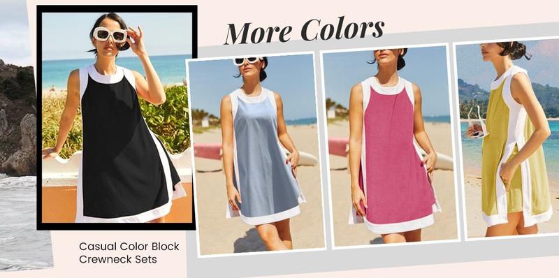 UANEO Women's Casual Two Piece Sets Color Block Crewneck Short Sleeve Pullover Tops Matching Shorts with Pockets