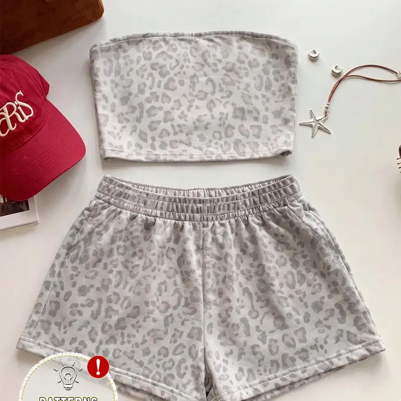 Women's Leopard Print Tube Top and Shorts 2 Piece Set Outfits, Strapless Bandeau Crop Top with Elastic Waist Shorts for Y2K High Street, Beach, Vacation, Coffee Run and Summer Streetwear
