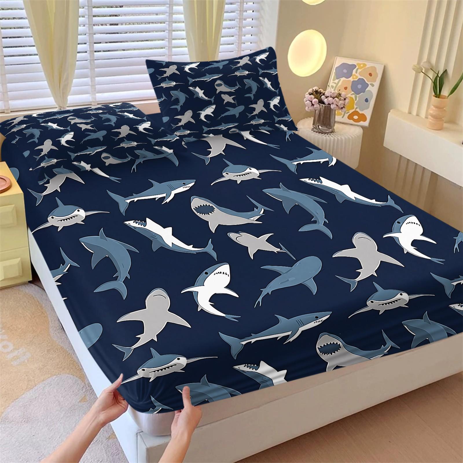 3PCS Cute Shark Pattern Fitted Sheet Set, Ocean Animal Bed Sheet Set, Soft Microfiber Bedding Set (No Fillers),Marine Animals Bedding Set for Kid Teen Boys Girls