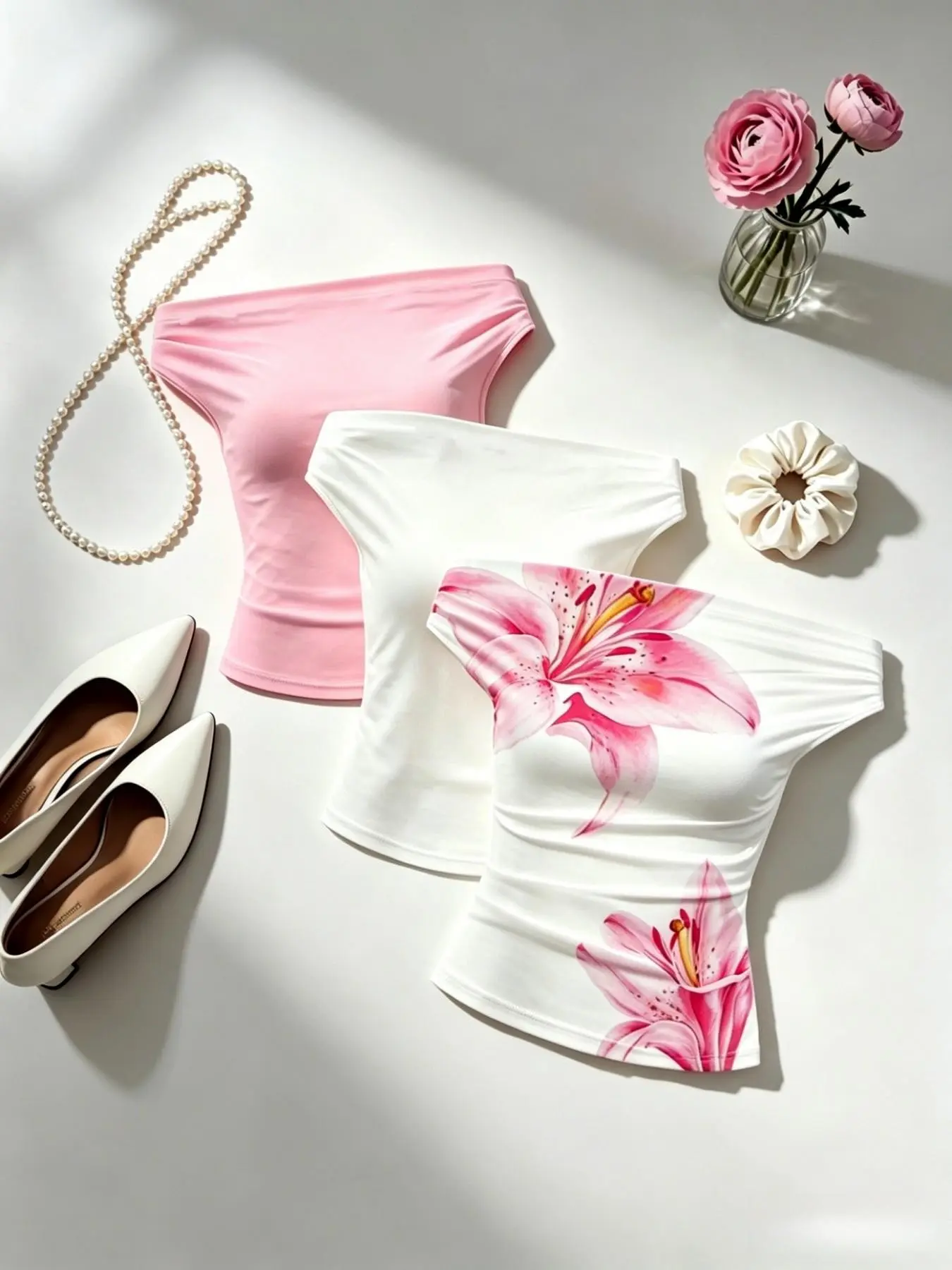 Women's Plain Color Floral Print Three-Piece Set, Casual Slim-Fit Knitted Tank Tops, Unlined Lightweight Summer Wear