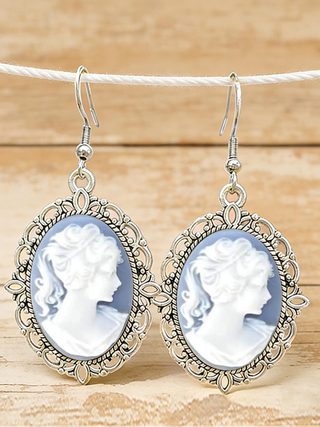 Vintage Oval Female Cameo Dangle Earrings European Classic Silver Plated Earrings For Women Jewelry Accessories Gifts
