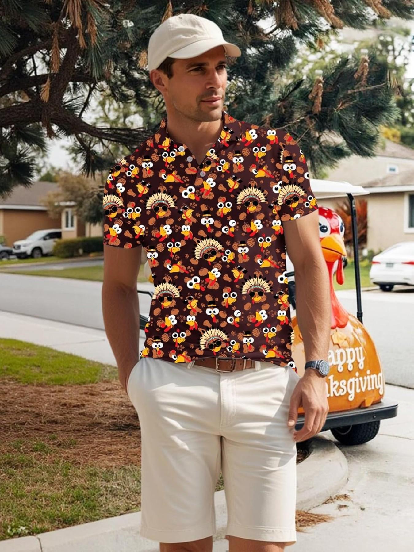 Men's Thanksgiving Theme Polo Shirt, Cartoon Turkey Pumpkin Pattern, Turn-Down Collar Three Button Short Sleeve, Breathable Festival Golf Top，Unisex (Recommended ordering one size up),polo shirt for men,deals of the day