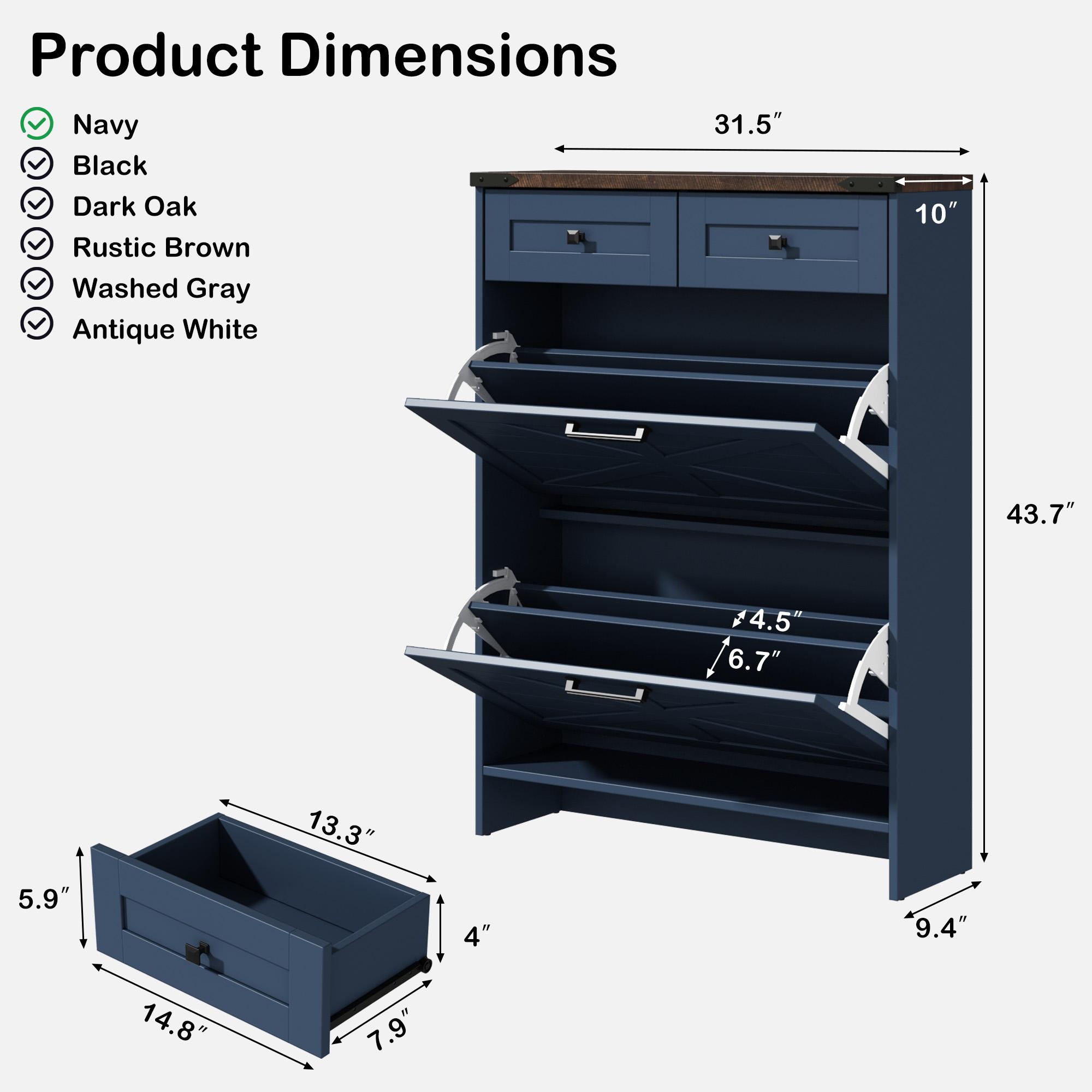 Farmhouse Shoe Storage Cabinet with 2 Hidden Flip Drawers & 2 Drawers – Narrow Freestanding Shoe Rack Organizer with Adjustable Shelves for Entryway
