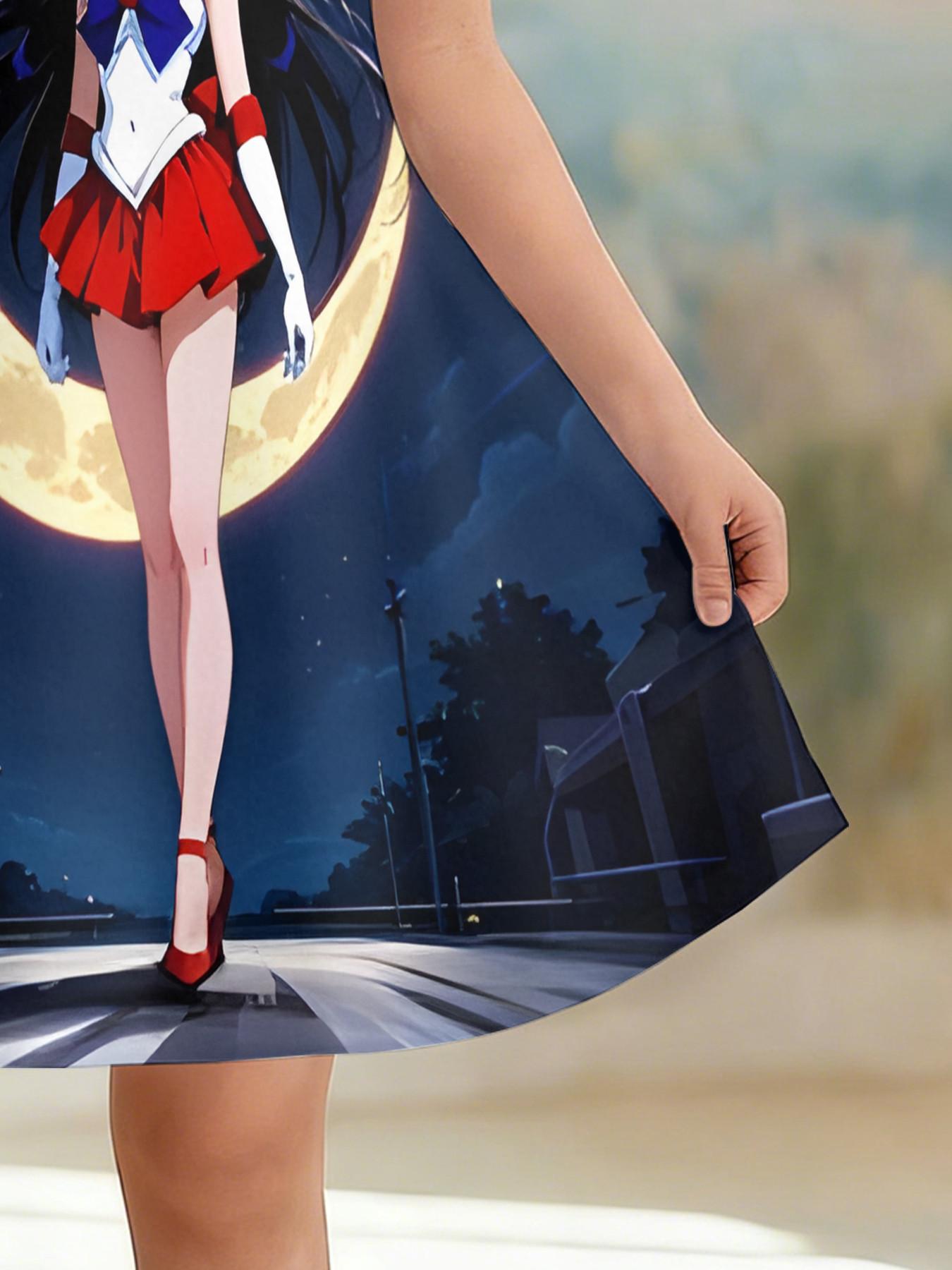 Girls' 3D Short Sleeve Dress, Sailor Moon Mars Full Moon Print, Perfect for Parties, Festive Gifts, Birthday Presents