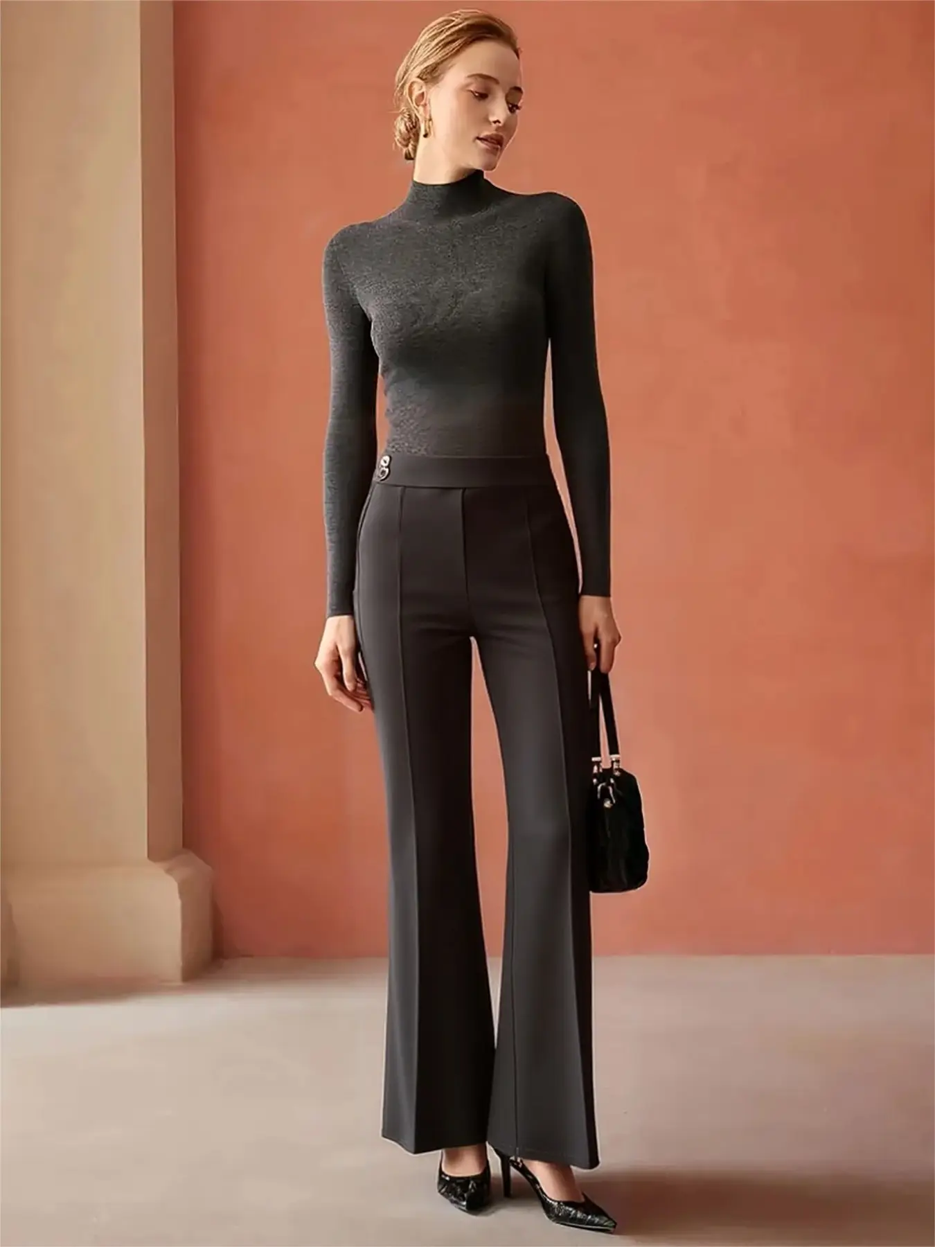 High-Waisted Side Button Micro Flare Suit Pants for Women, Flowy Center Seam Slimming Commuter Professional Bell Bottom Long Pants