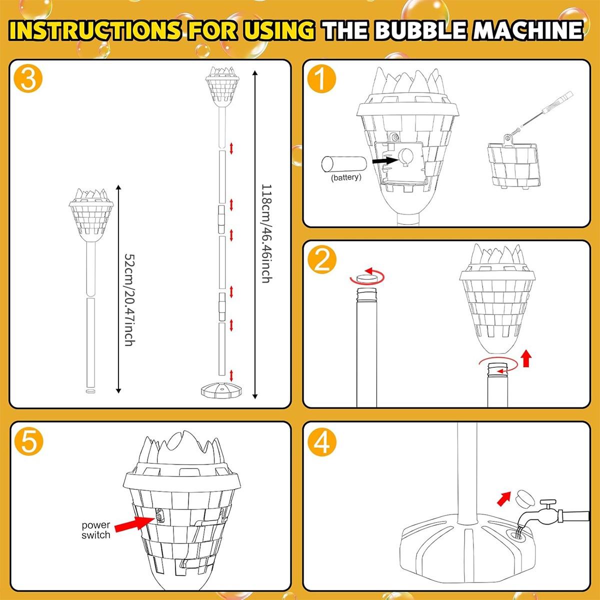 Simulated Torch Bubble Machine with 1 Bottle 100ML Bubble Liquid, Adjustable Height, Light Sound Effect, Handheld Standing Dual Use