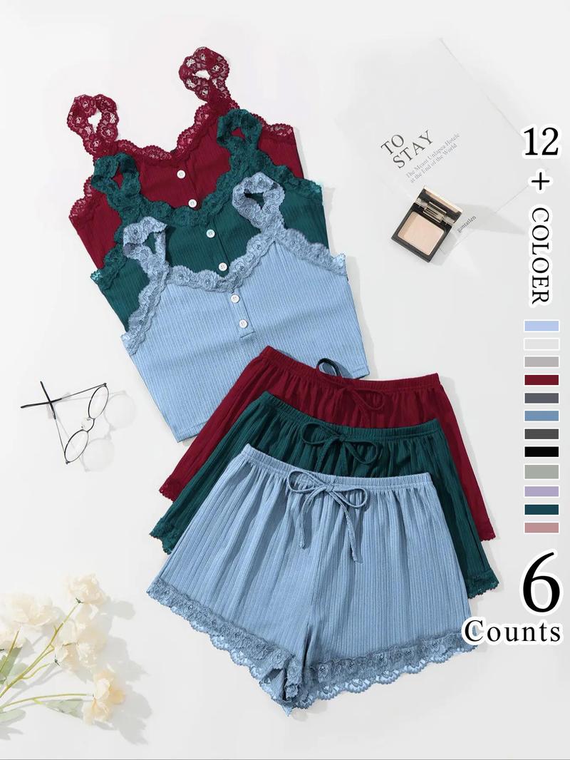 Women's Elegant Contrast Lace Button Cami Top & Elastic Waist Tie Front Shorts Pyjama Set, Casual Comfortable Loungewear Set For Women, Pyjamas for Women