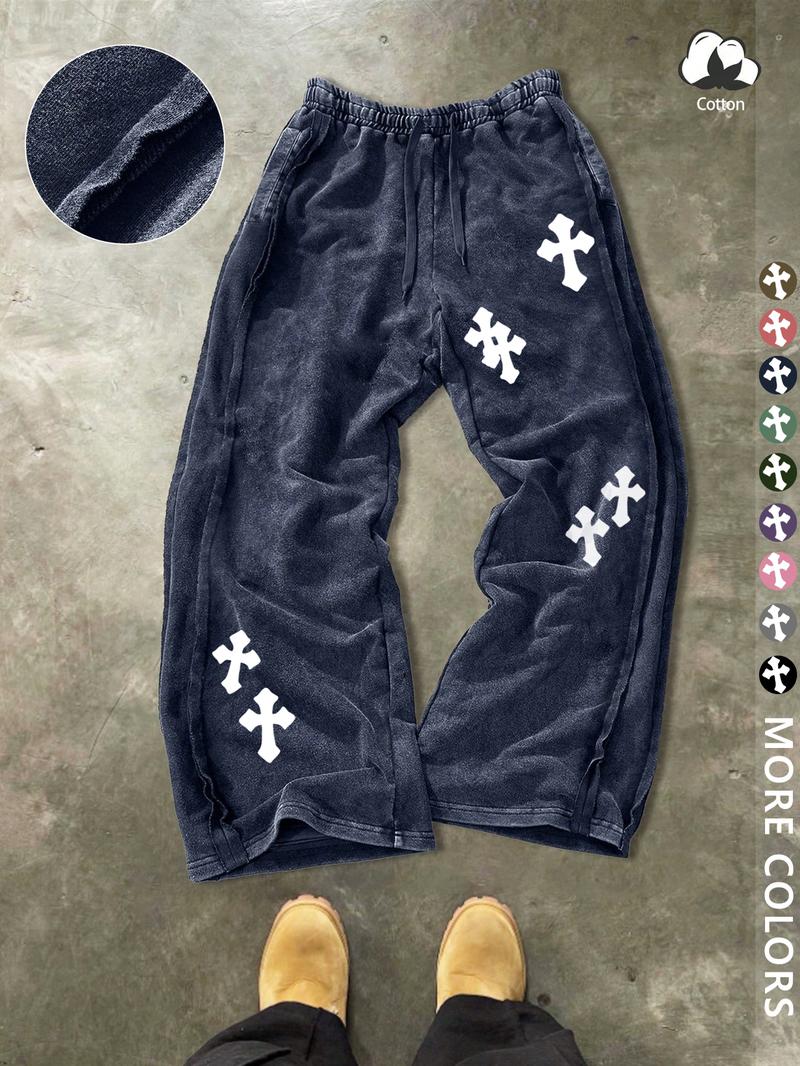 Unisex Street Style Cross Print Cotton Sweatpants, Loose Fit, Elastic Waist, Washed Cotton Fabric, Casual Fashion, Y2K.men's gift