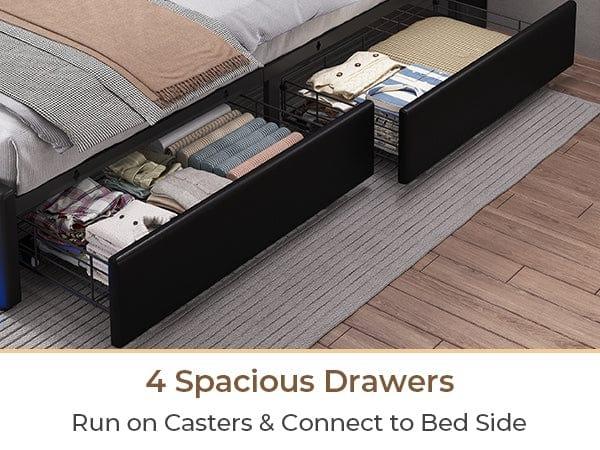 Sikaic Upholstered Platform Bed Frame with LED Lights & Charging Station Hidden Storage Headboard and 4 Drawers PU Black Modern Unique Furniture