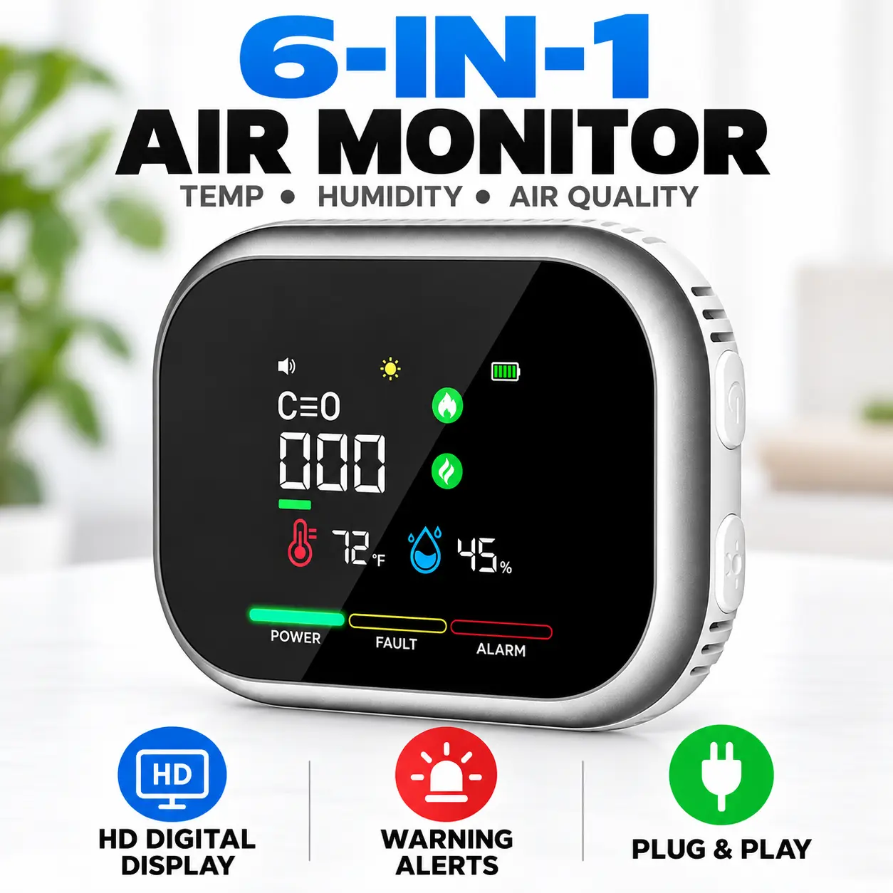 6-in-1 Indoor Environmental Air Monitor with Temperature, Humidity and Air Quality Detection, HD Digital Display, Warning Alerts and Compact Plug-In Design for Home, RV, Garage and Apartment Use