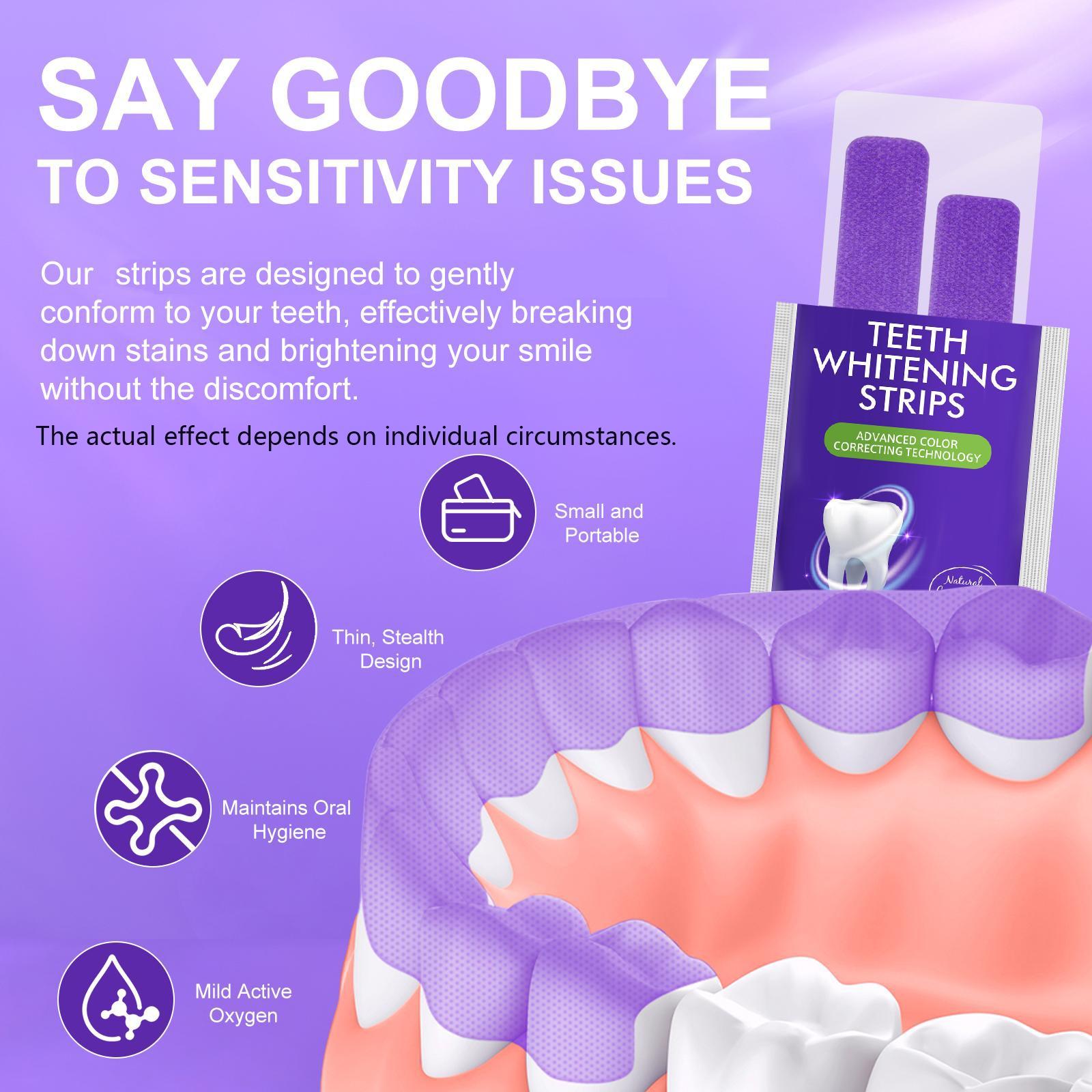 YECUCE Purple Teeth Whitening Strips contain natural coconut oil and peppermint. Advanced color correction improves yellowing teeth, breaks down stains, and eliminates tooth sensitivity. 14 strips/box Teeth Brightening Strips