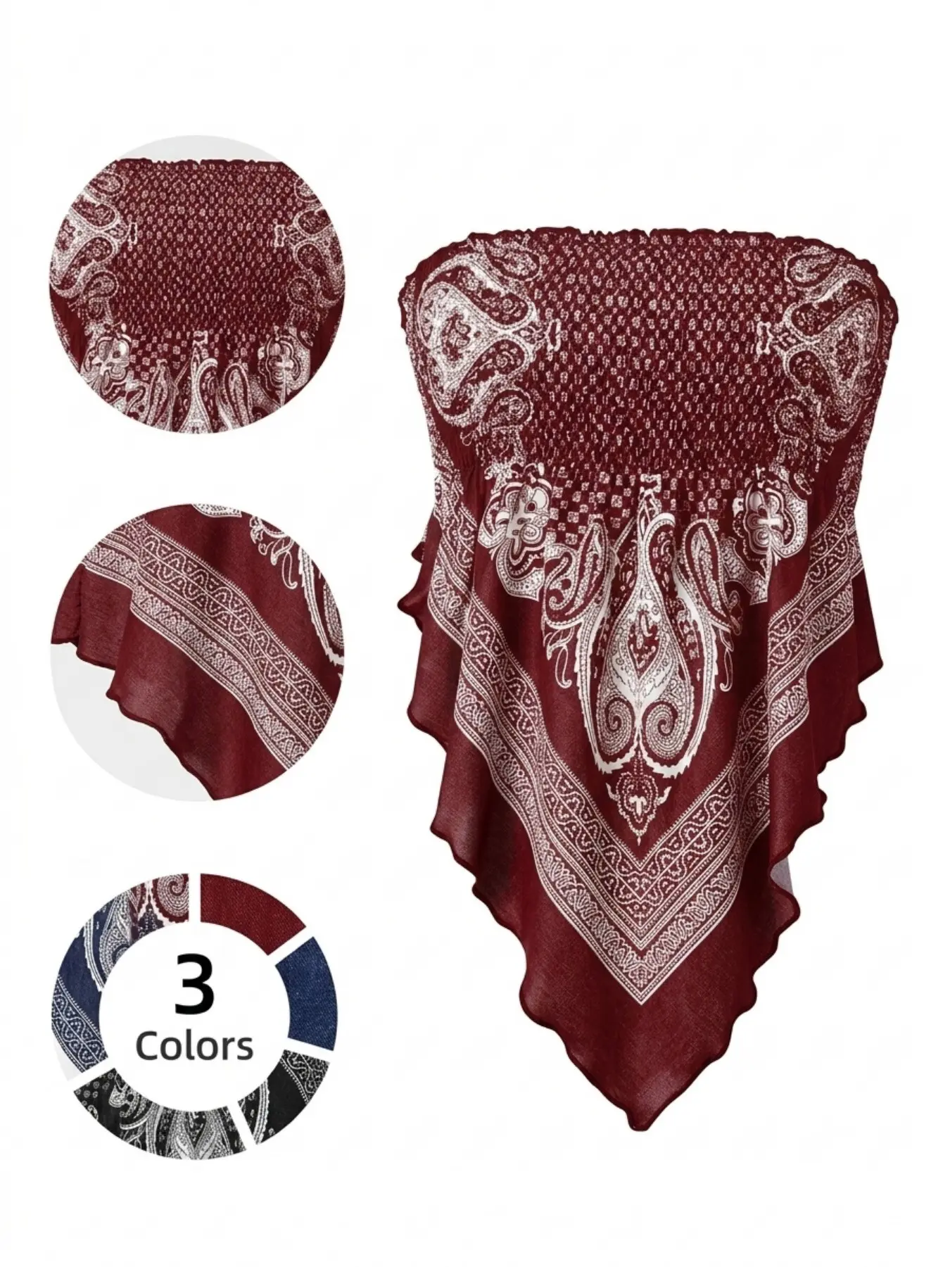 Women Boho Paisley Print Strapless Backless Tube Top, Asymmetric Hem Casual Blouse, Stretchy Polyester Spandex Fabric, Figure‑Flattering Vacation Beach Holiday Travel Going‑Out Top
