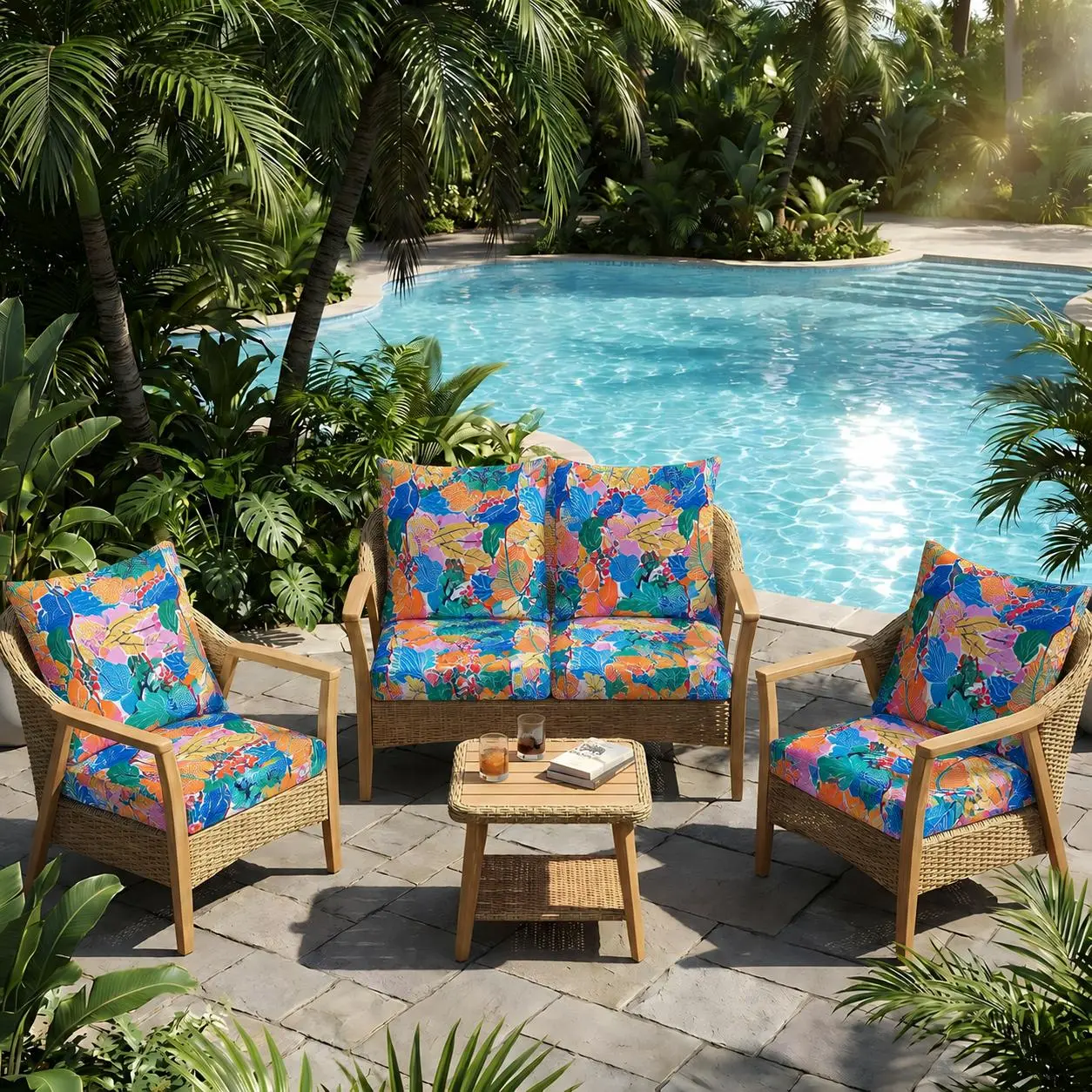 4/8/12 Pcs Waterproof Patio Cushion Covers, Printed Stretch Outdoor Sofa Cover for Patio Furniture, Washable Chair Covers Reusable Furniture Protector ,Indoor Replacement Couch Slipcover Flexibility Chair Seat Cover(Cushions Not Included)