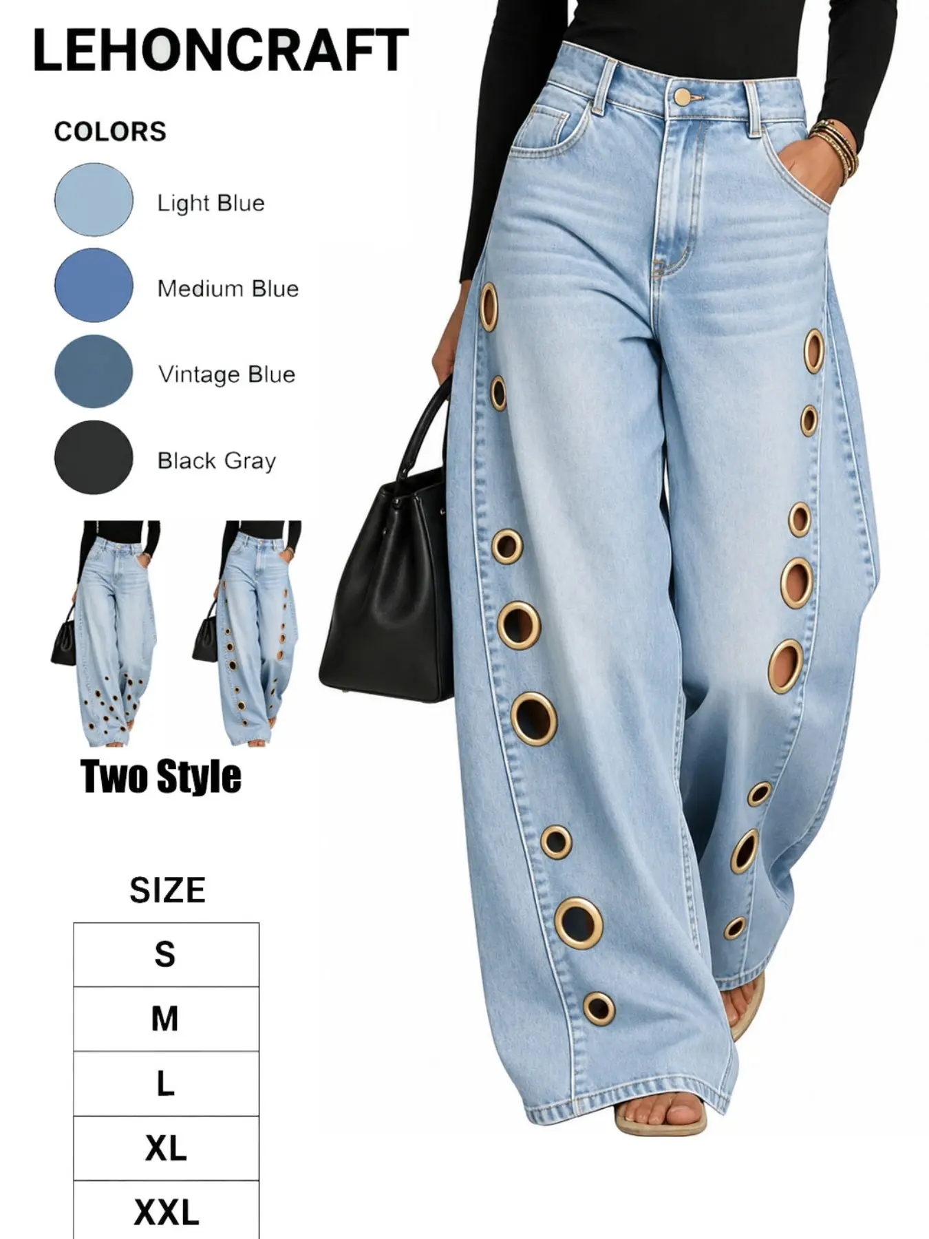 2026 Spring & Summer New Metal Asymmetrical Eyelet Women's Solid Color Loose Fit Jeans
