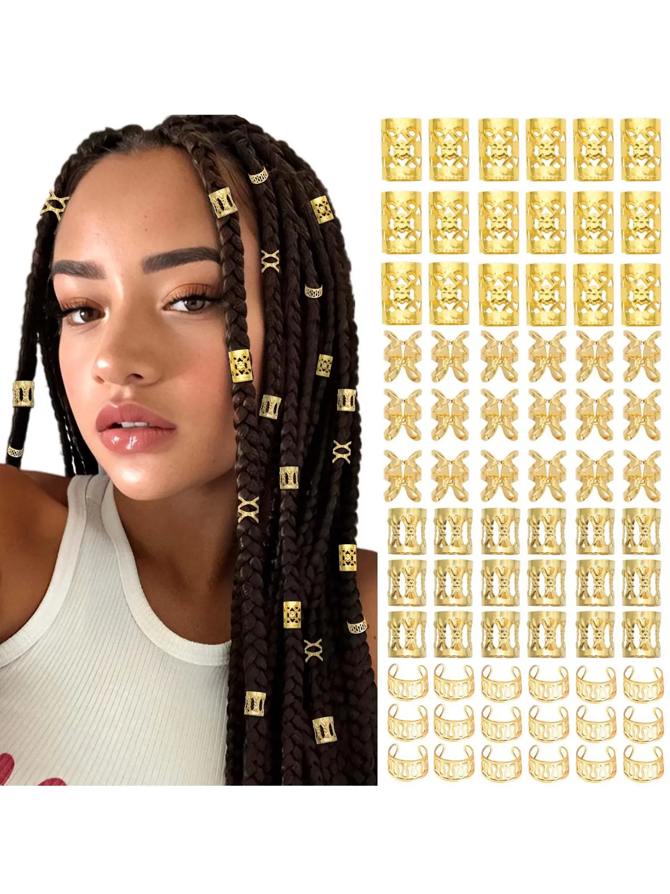 72PCS Gold Hair Jewelry Metal Dreadlock Cuffs Rings Braids Multi Style Braids Clips Loc Accessories Pirate Accessories Women Hair Decoration for Women Pirate Hair Accessories