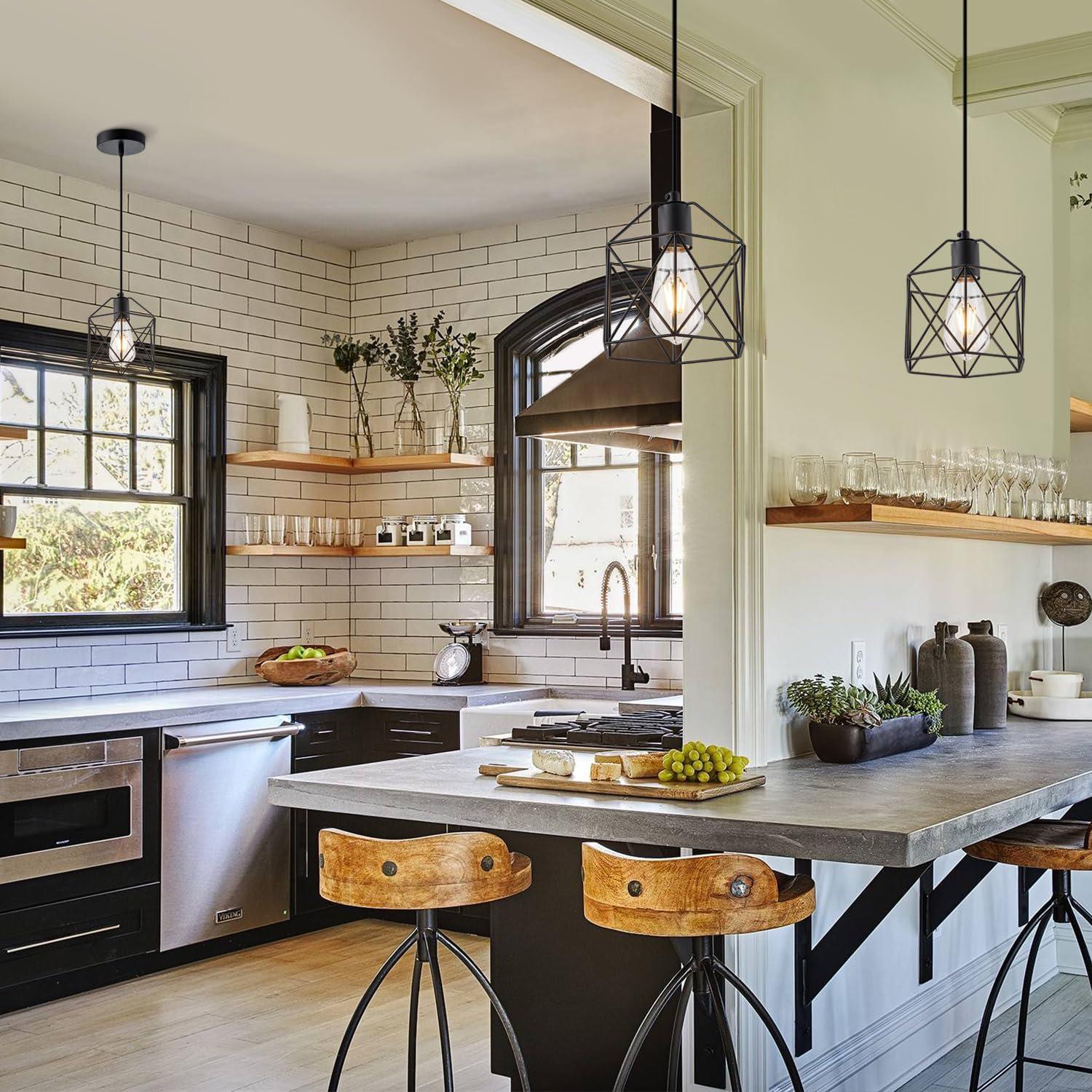 Industrial Mini Metal Cage Pendant Light, Adjustable Wire, Vintage Farmhouse Basket Ceiling Lamp, Kitchen Sink Dining Room Bar