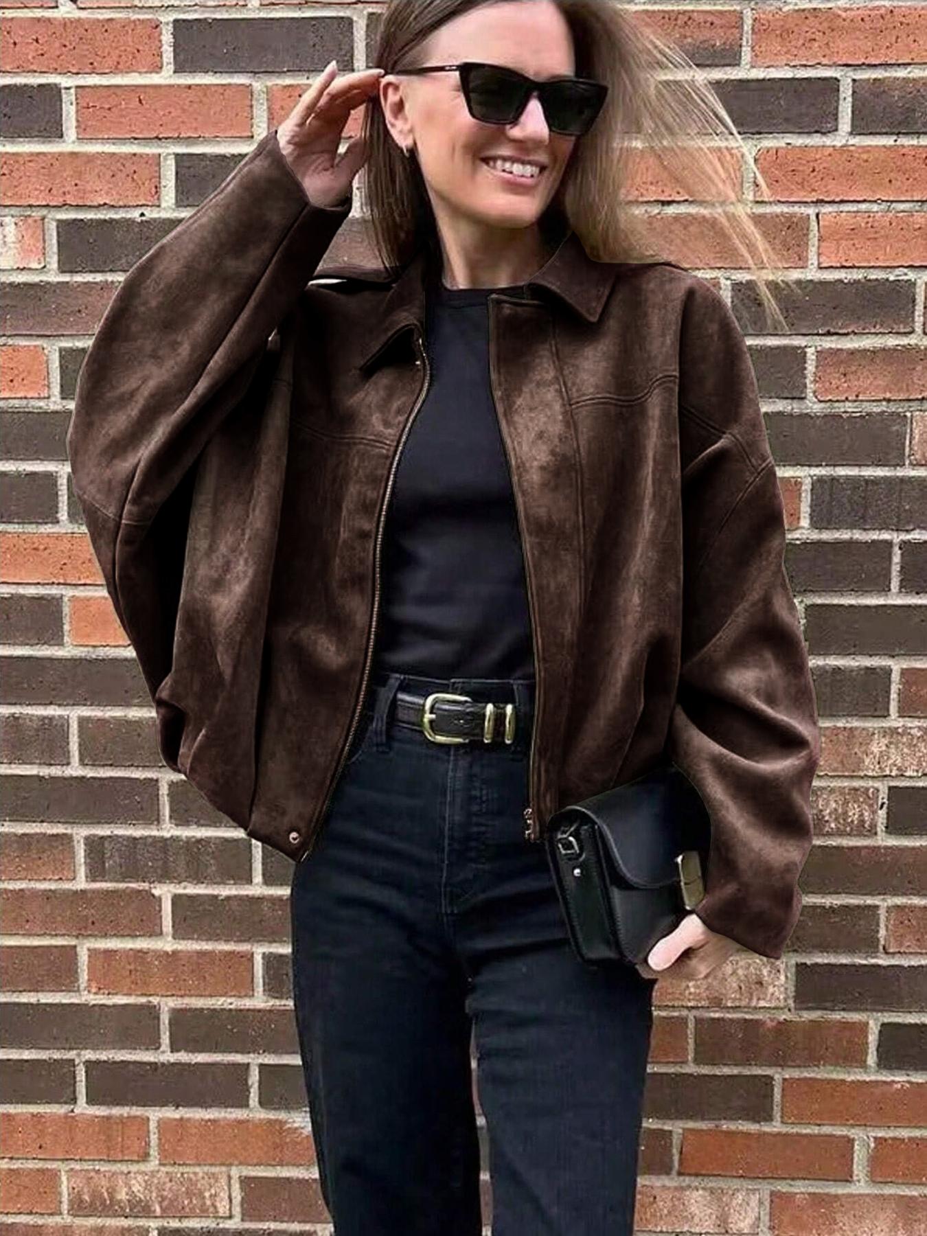 Women's Autumn Winter Suede Texture Zipper Loose Fit bomber jacket, Stylish Turn-Down Collar Design for Casual Wear Coats Outerwear Womenswear