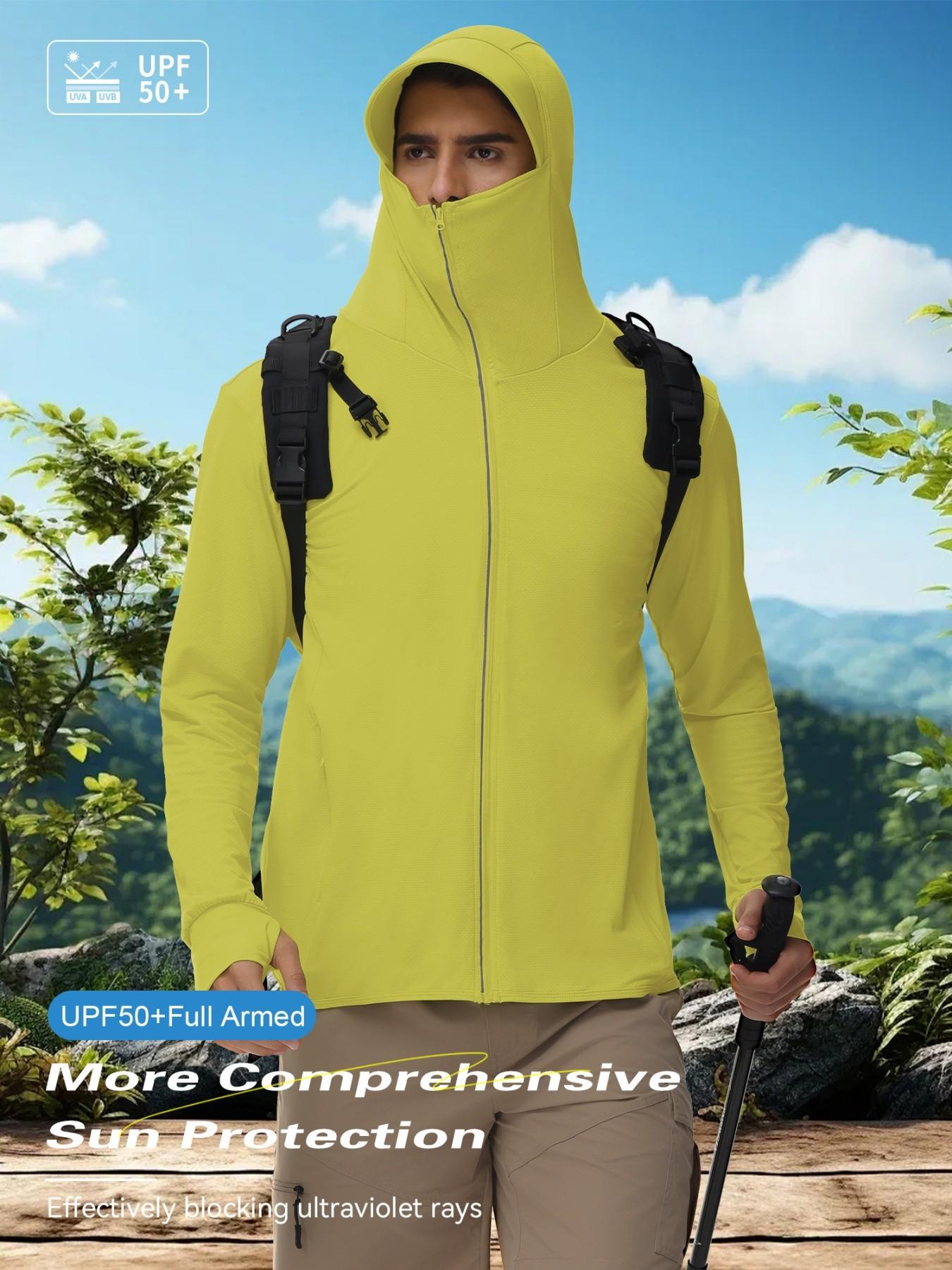 Men's Ice Silk Hooded Sun Protection Jacket, Full Face UV Shield, Breathable Quick-Dry, Outdoor Hiking Climbing Running Cycling Sports Coat