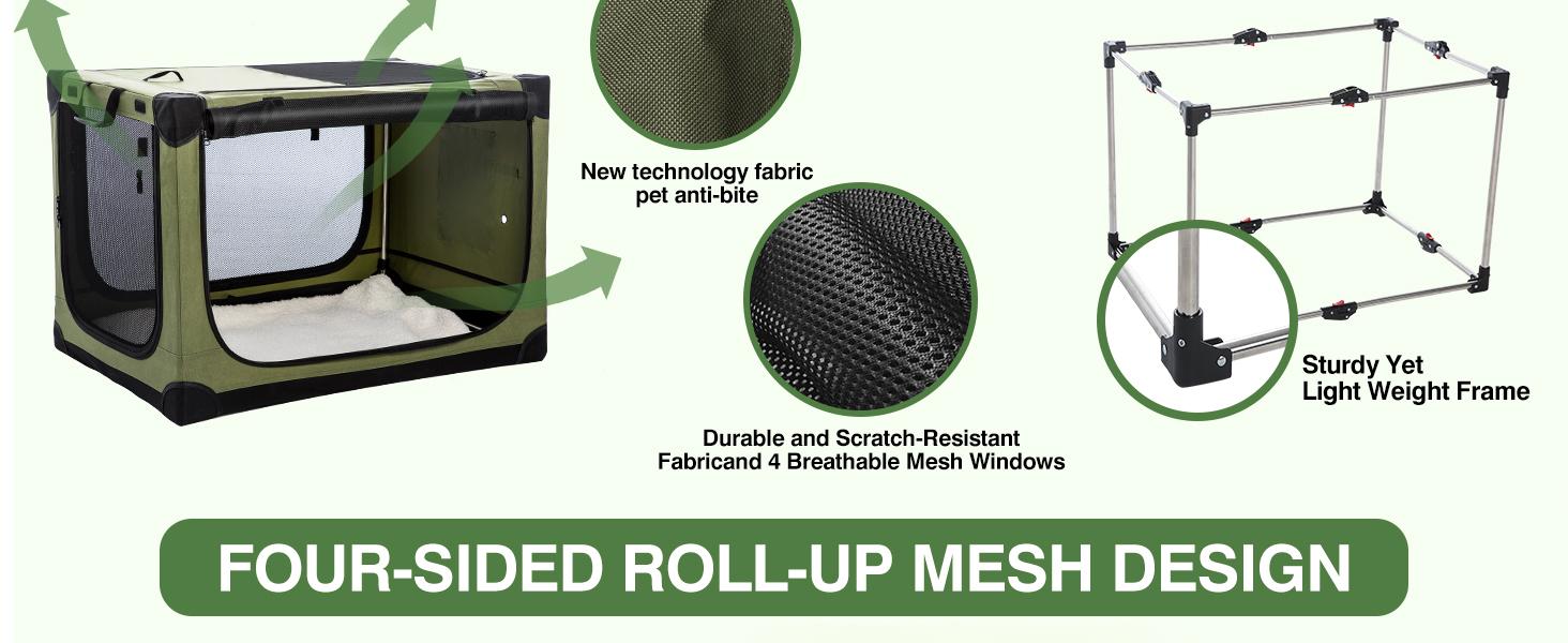 Collapsible Travel Dog Crate for Medium Large Dogs, Portable Oxford Cloth Dog Crate 4-Door Foldable Soft Kennel with Chew-Proof Mesh Windows for Indoor & Outdoor Travel,with Storage Bag,Green