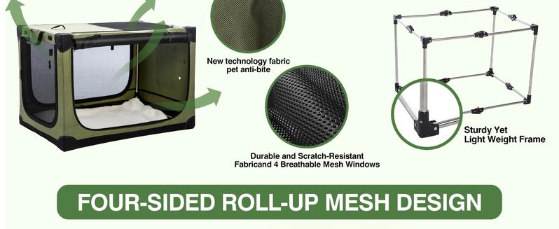 Collapsible Travel Dog Crate for Medium Large Dogs, Portable Oxford Cloth Dog Crate 4-Door Foldable Soft Kennel with Chew-Proof Mesh Windows for Indoor & Outdoor Travel,with Storage Bag,Green