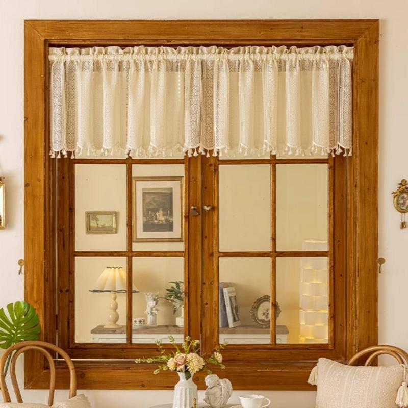 1pc Cotton Linen Curtain Half Light Blocking Vertical Striped Lace Fringe Rod Pocket, New Living Room Bedroom Cream French Vintage Style