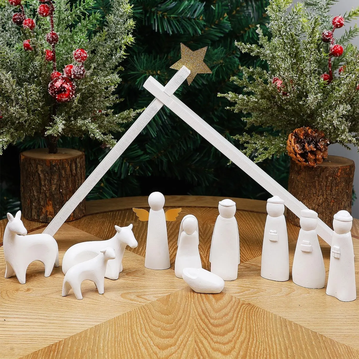 Christmas Nativity Sets, Set of 11 White Mini Nativity Scene Resin Figurines, Xmas Holy Family Table Ornaments, Religious Holiday Collection Gifts, Baby Jesus Nativity Mantle Shelf Decor