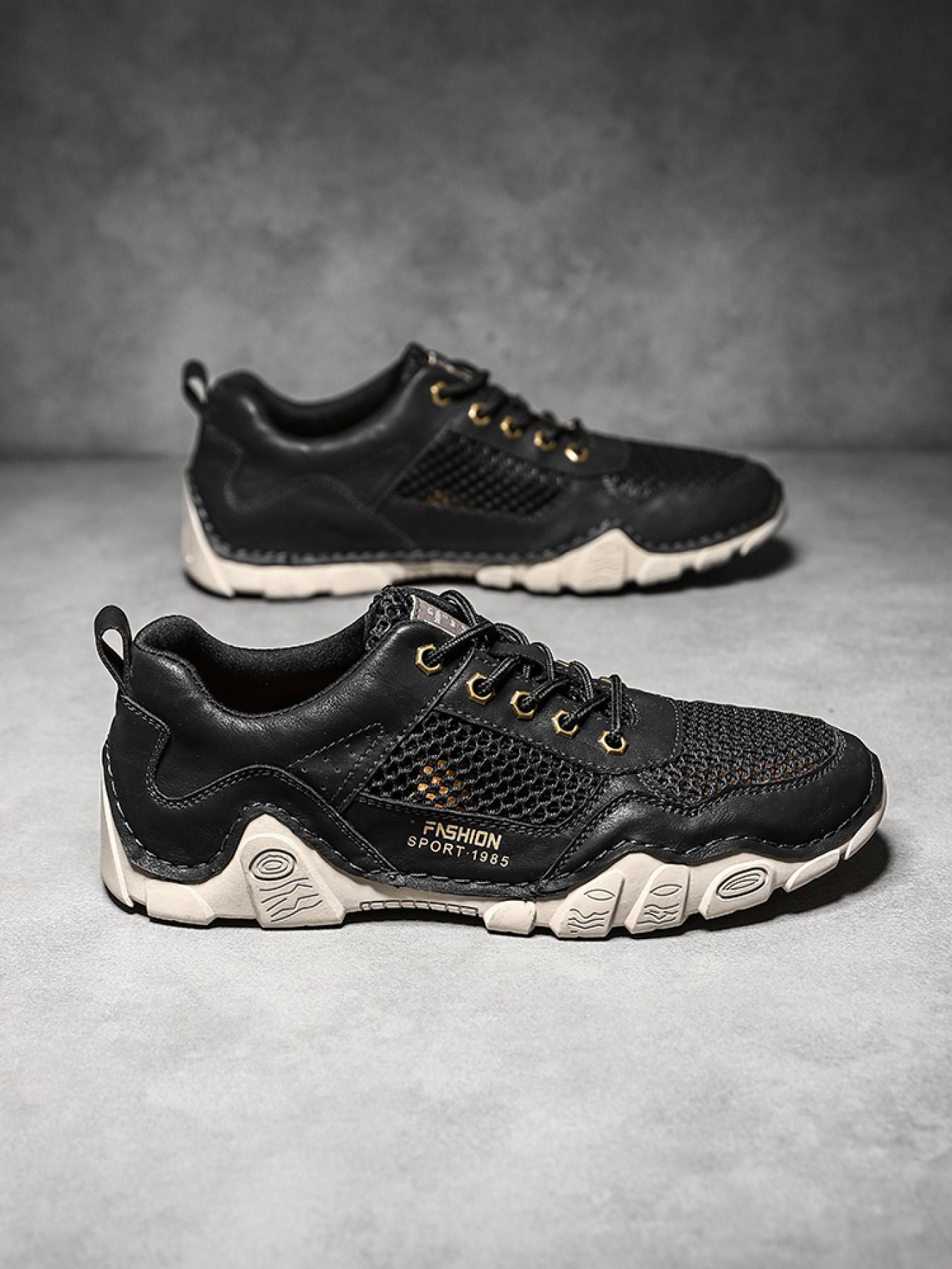 Men's Solid Color Mesh Patchwork Casual Sneakers, Hand-Stitched Thick-Soled Non-Slip Hiking Shoes, Trendy Versatile Breathable Dad Shoes