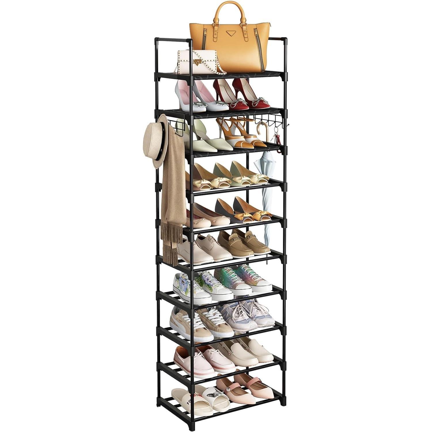 MOMOK Waterproof 10-Tier Metal Shoe Rack Set, Tall Organizer for 20-24 Shoes and Boots, with Hooks for Closet, Entryway, or Bedroom (Black).