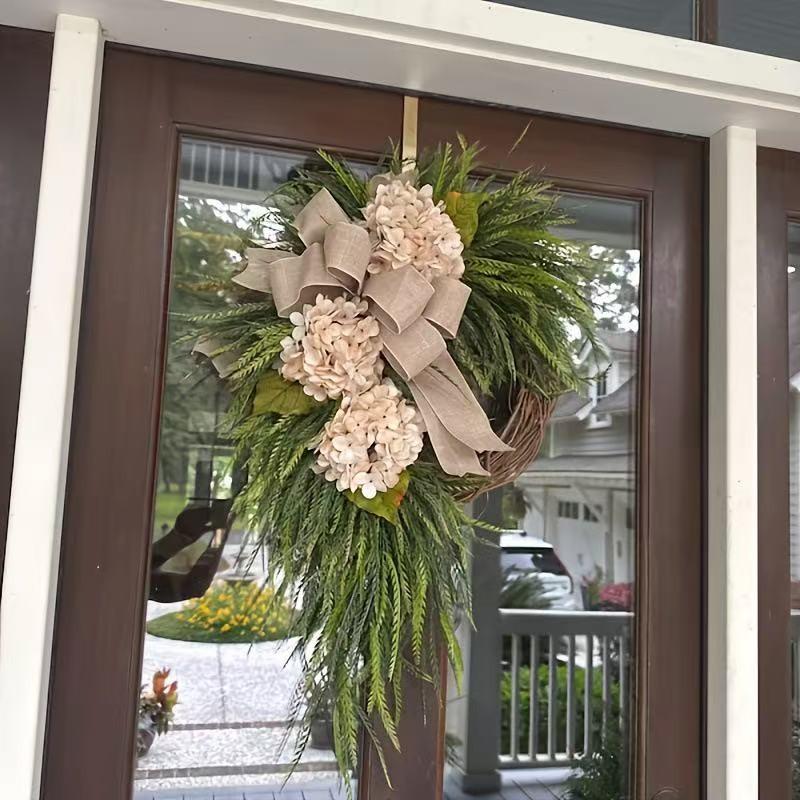 Rustic Hydrangea Wreath Hanging Decor, Bohemian Plastic Floral Door Hanger, Linen Bow and Leaves, Farmhouse Style, Holiday Decoration
