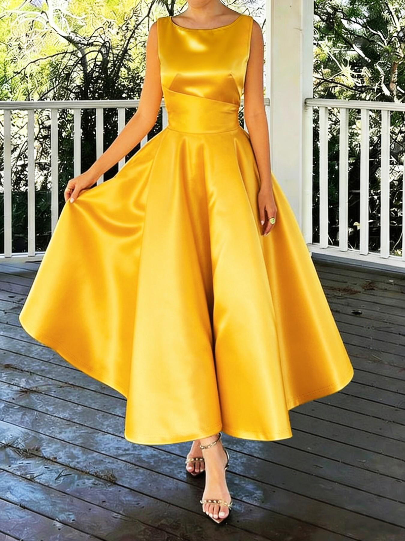 Elegant Satin Sleeveless A-Line Midi Dress, Women's Fashion Waist-Cinch Party Gown, Chic Evening Wear for Special Occasions