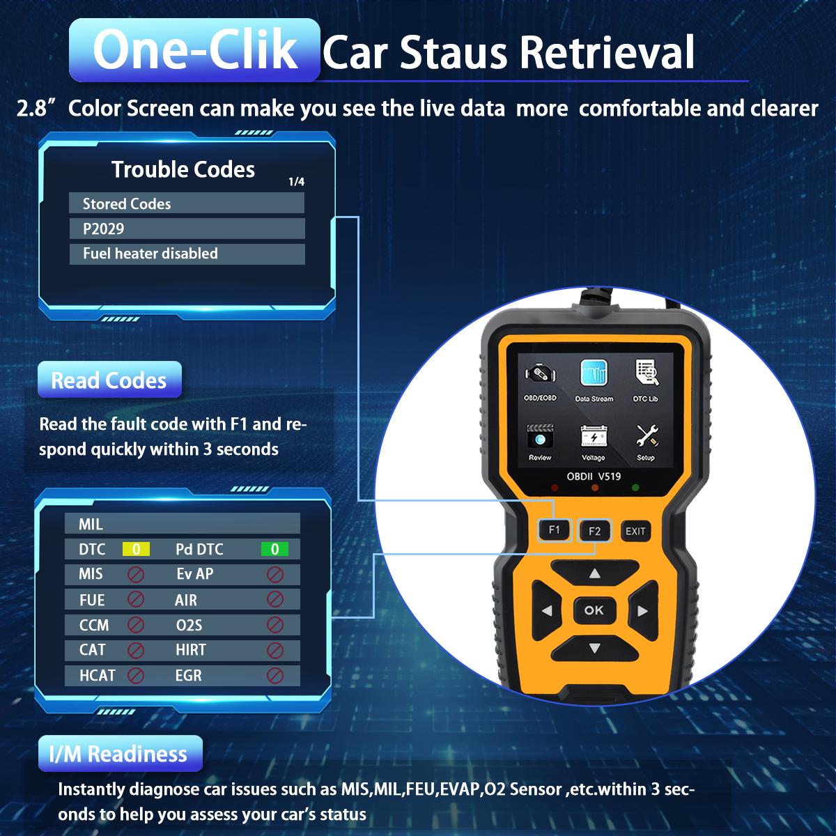 Car OBD2 Scanner Diagnostic Tool Code Reader, Car Voltage Tester Engine Fault Code Scanner, Charging Tester Diagnostic Tool For OBDII Protocol Cars V519-Yellow Live Data Stream