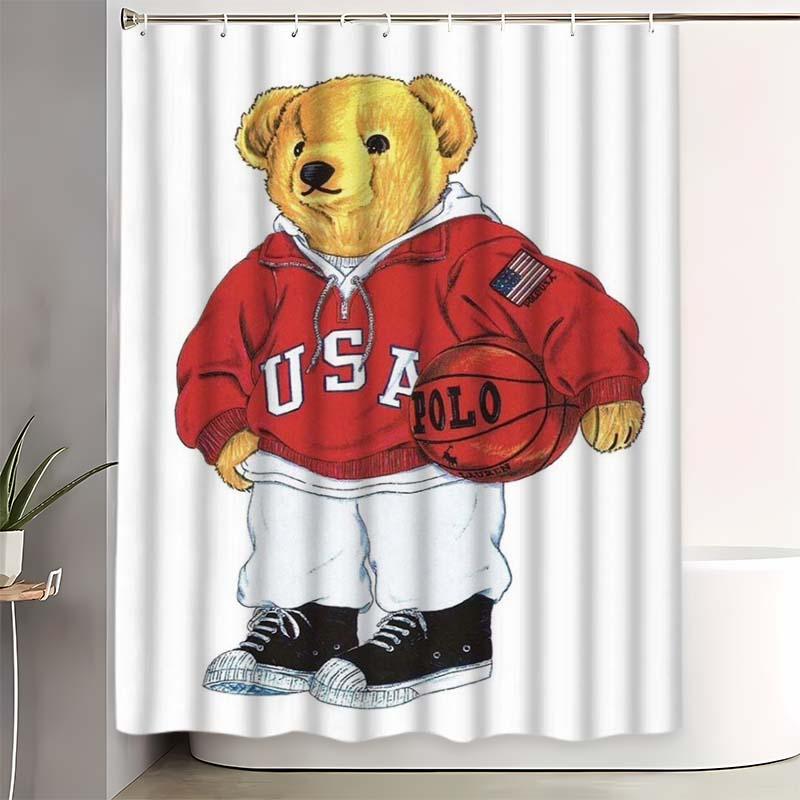 Polo Fashion Bear Shower Curtain Set, Bathroom Decor Accessories with 12 Hooks, Non-Slip Bath Mat and U-Shaped Toilet Lid Cover