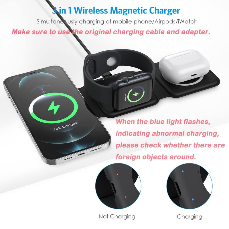 Wireless Charger, Magnetic Foldable 3 in 1 Mag-Safe Charger, Fast Travel Wireless Charging Station for iPhone 15/14/13/12/ Series,for iWatch,for AirPods, Gift