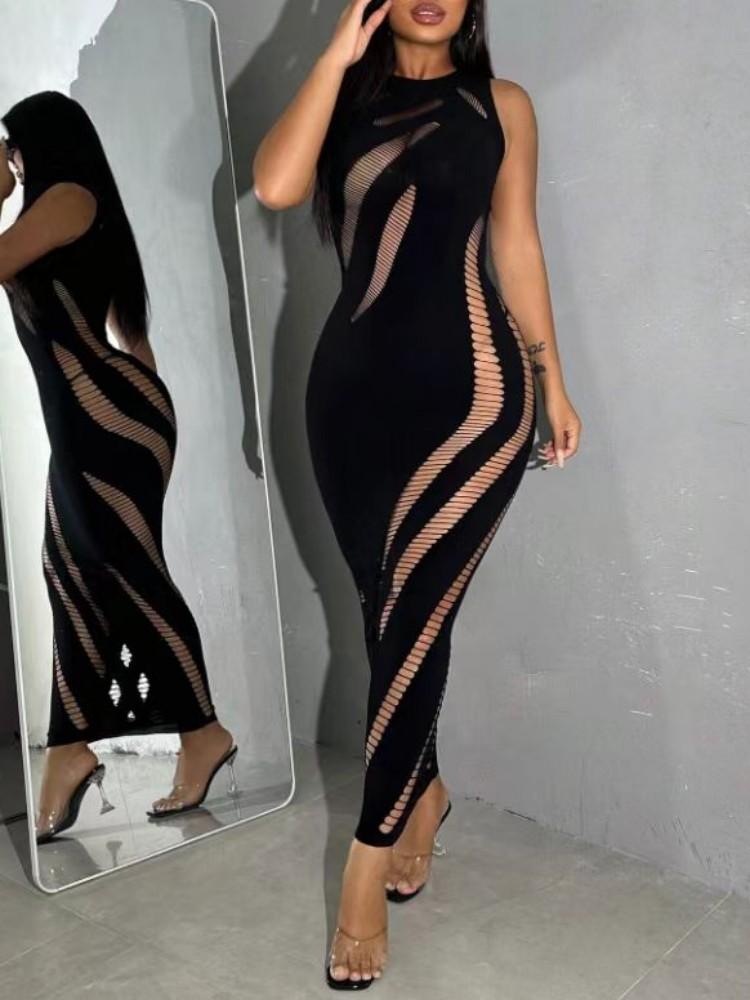 One size thin knitting Women's Black Sleeveless Striped Hollow Out Dress Formal Elegant Strapless Long Outfit for Girls