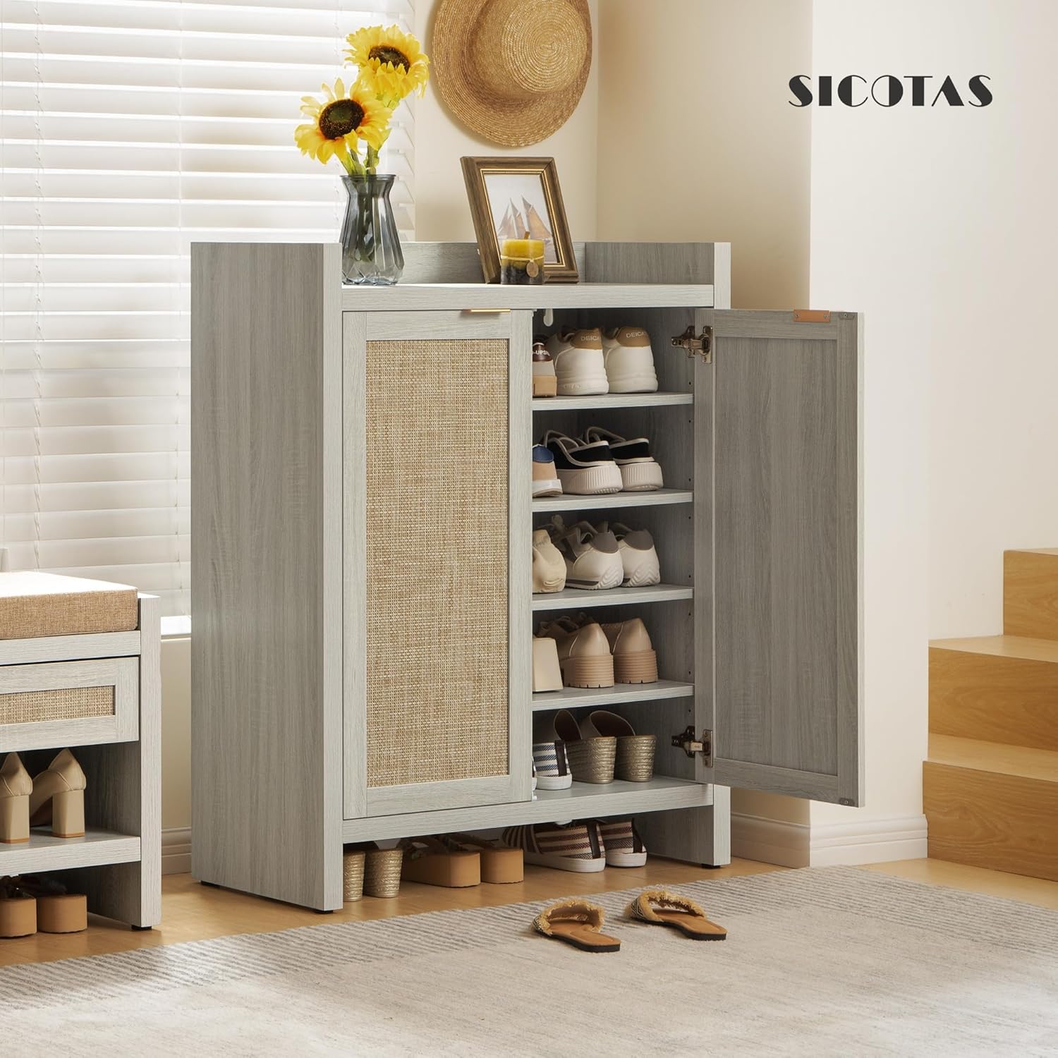 SICOTAS Shoe Cabinet, 24 Pair Shoe Storage Organizer Cabinet, 41" Tall Rattan Shoe Cabinet with Doors and Shelves, 6-Tier Farmhouse Boho Storage Cabinet for Entryway Hallway Closet Bedroom, Everlasting Design, Durable