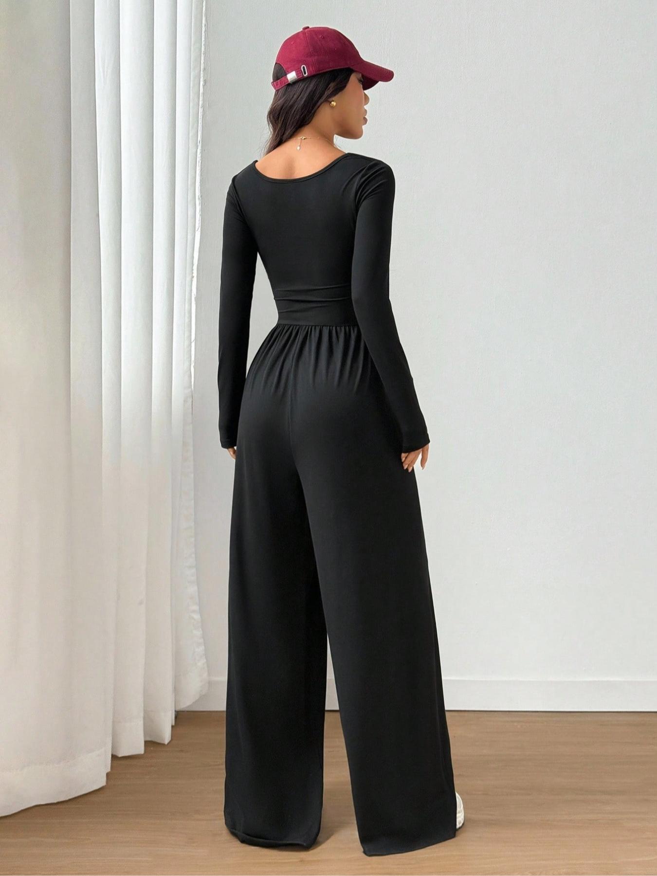 Women's Fall Winter Knit Fitted Wide Leg Jumpsuit, Casual Fashion Plain Color Round Neck One-Piece, Versatile Long Sleeve Romper