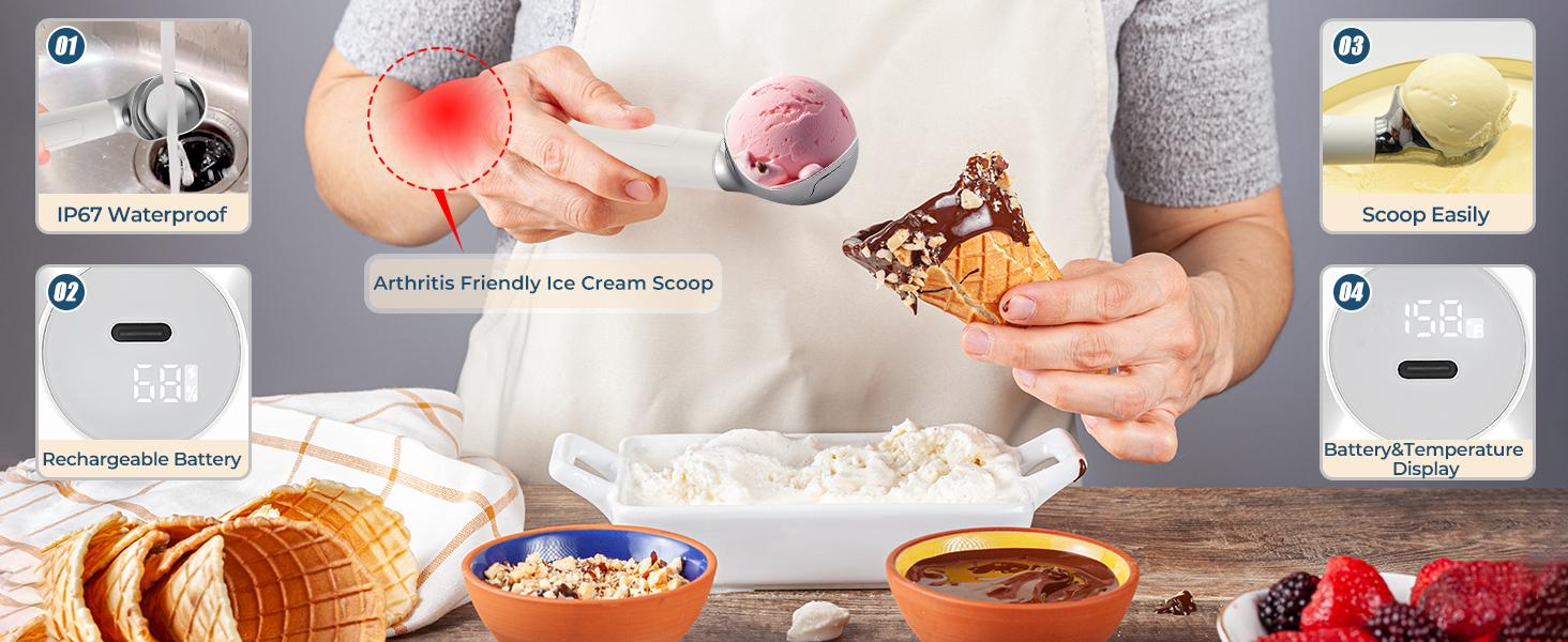 FROSTJOY Heated Ice Cream Scoop Rechargeable Electric Scooper 2 Oz Stainless Steel LED Display IP67 Waterproof Durable for Hard Ice Cream