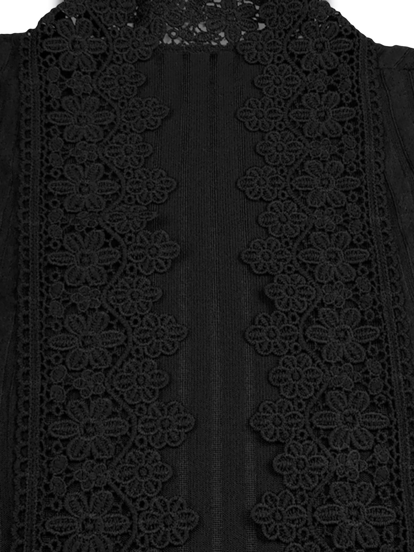 Women's Contrast Lace Open Front Longline Coat, Casual Long Sleeve Ribbed Outerwear for Spring & Fall, Ladies Clothes for Daily Wear