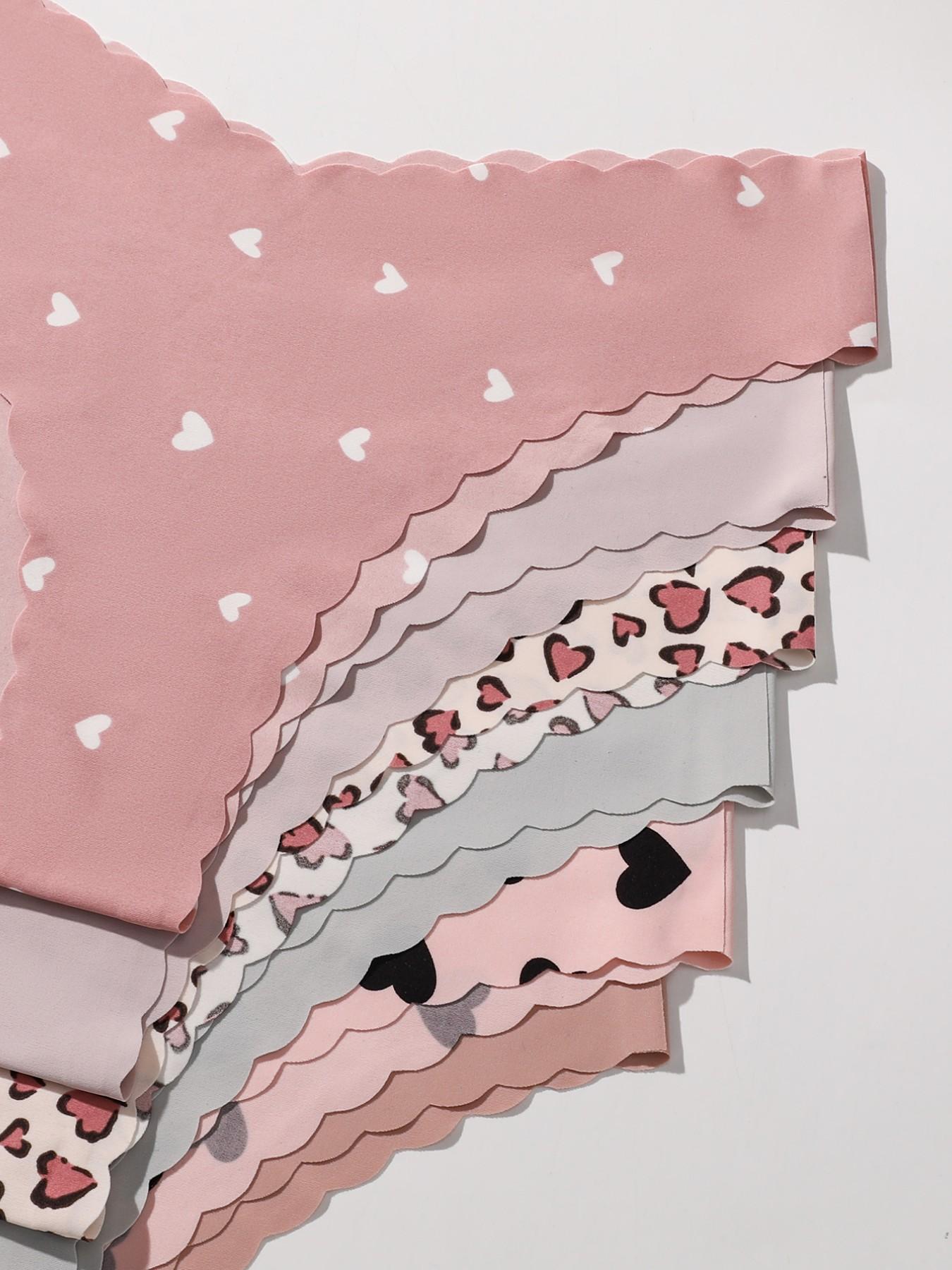 6-Pack Low-Rise Seamless Adhesive Thongs - Scalloped Edge, Heart/Leopard Prints & Soft Pastel Macaron Colors