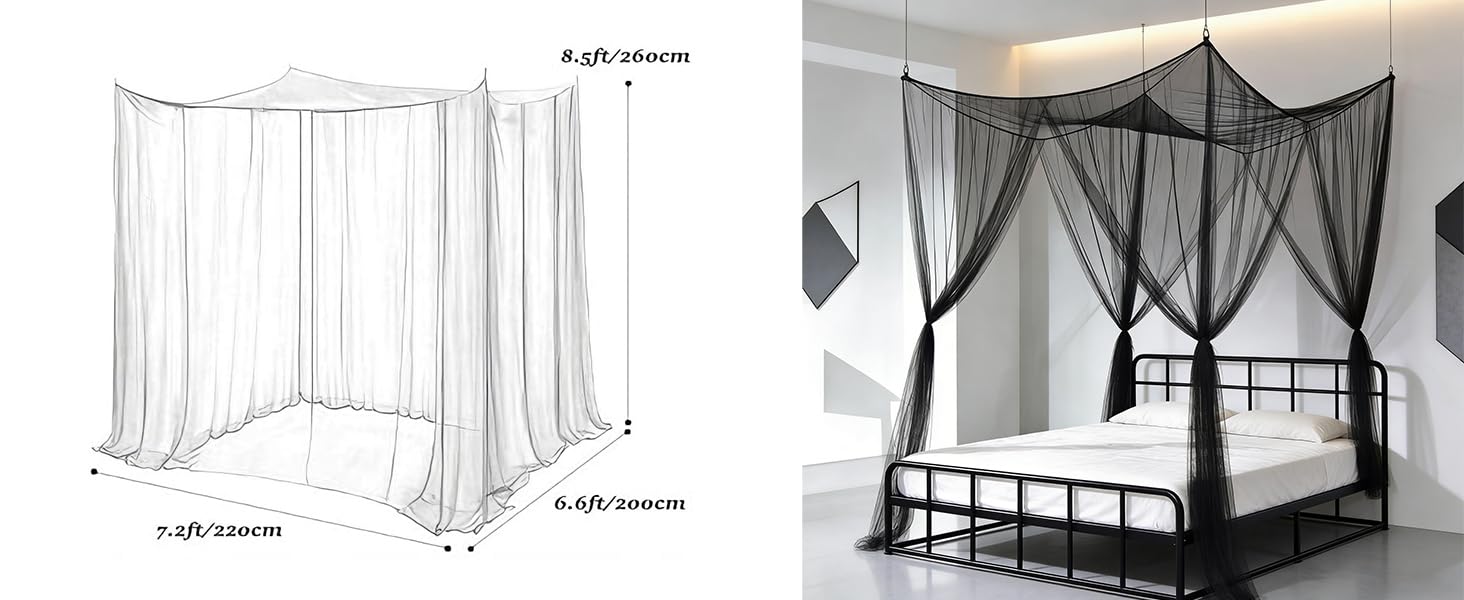 Classic Black Grid Pattern Bed Mosquito Net Curtains with 66ft LED Star String Lights for Starry Night Bedroom Use, 86.6"W x 79"L x 102"H 4-Opening Insect Shield, Fits King/Queen/Full Beds, King Size Fit