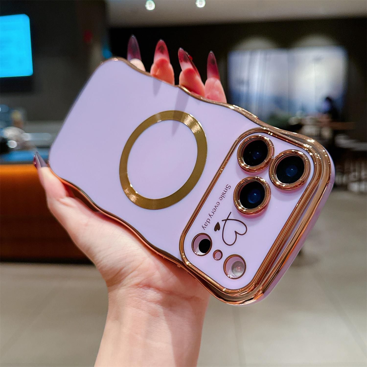 For iPhone 17 Pro Max 16 15 14 12 Case Magnetic,for Women Girls Soft Cute Wave Frame Curly Shape Love Heart Luxury Plating Phone Case Compatible with MagSafe Shockproof Back Cover