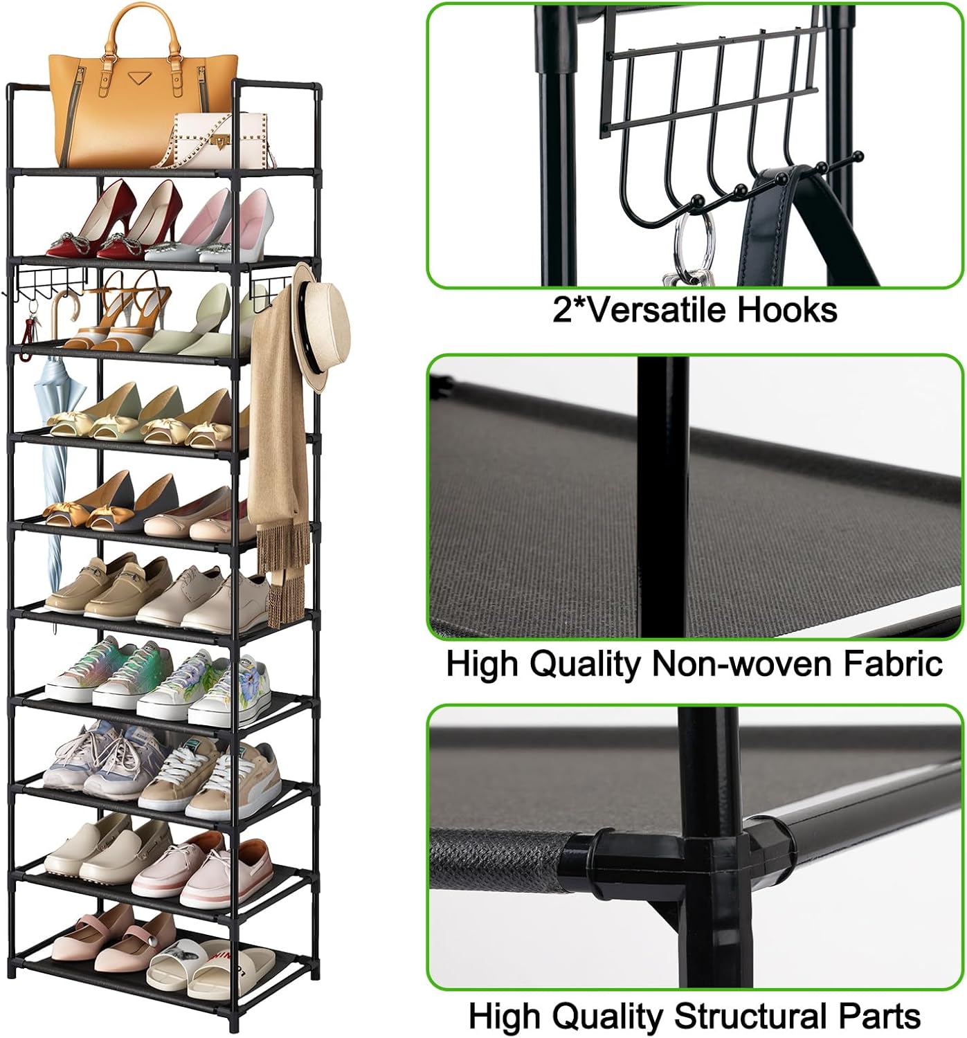 10-Tiers Shoe Rack for Cloest, Tall Shoe Organizer for Entryway Bedroom Hallway, Shoe Storage Large Capacity for 20-24 Pairs of Shoes and Boots, Narrow Metal Shoe Shelf with Hooks ,New Year Gift, Waterproof