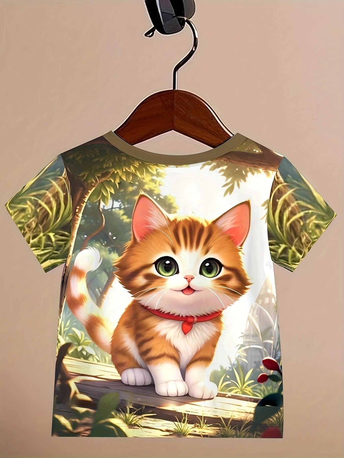 3D Cat Print Short Sleeve T-Shirt, Round Neck Cartoon Pattern Top, Summer Kids Fashion, Casual Loose-Fitting Tee