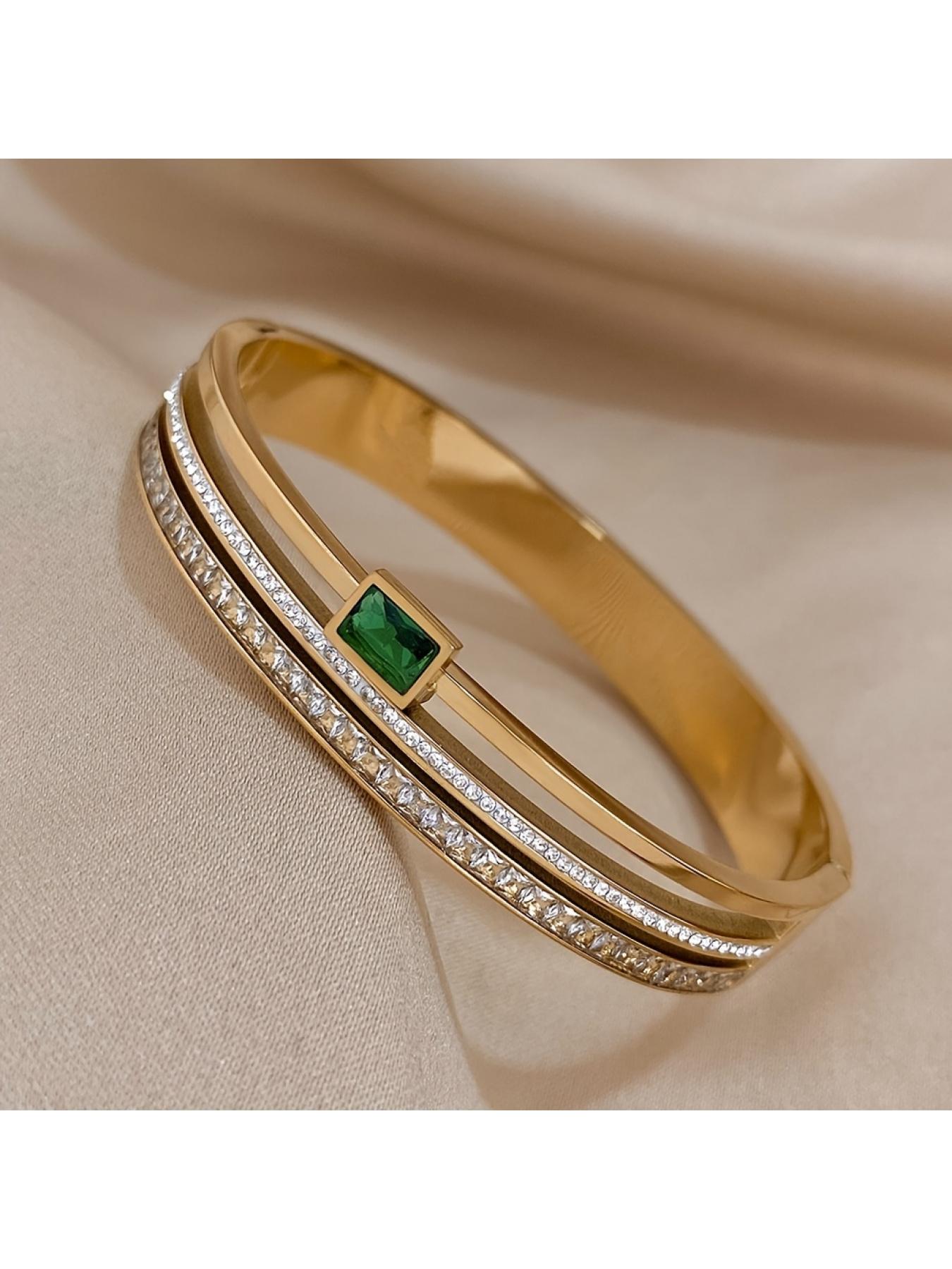 Luxury Stainless Steel Bracelet for Men Women Gold Waterproof Bracelet with Green White Diamonds Wide Band Jewelry New Year Valentine's Day Gift