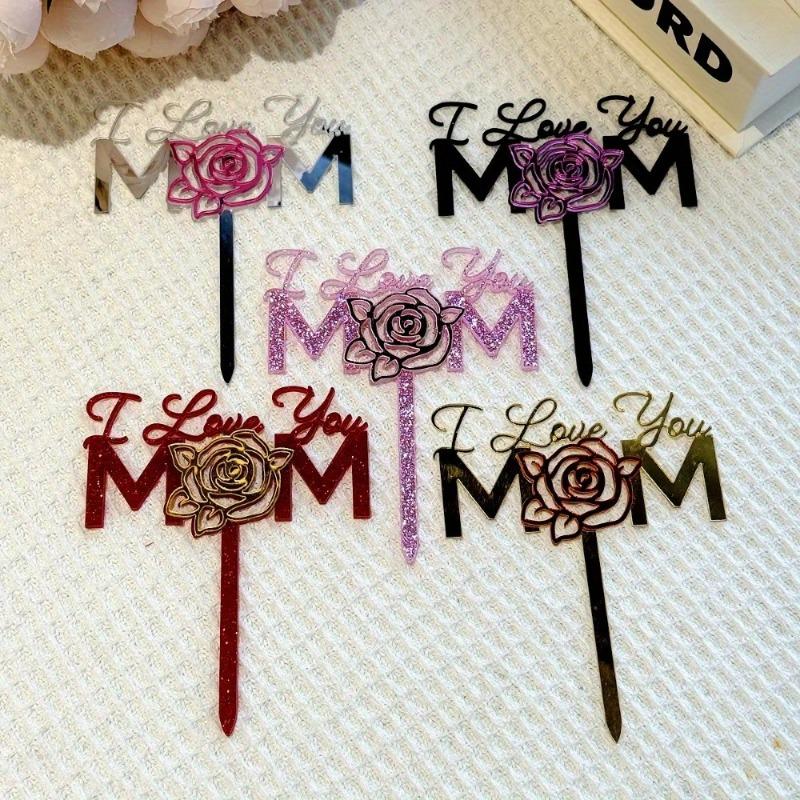 1pc Mother's Day Women's Day Acrylic Cake Topper with Roses, "I Love You Mom" Cake Decoration, Cake Decorating Supplies, Perfect for DIY Baking & Special Occasions, Wedding Cake Topper