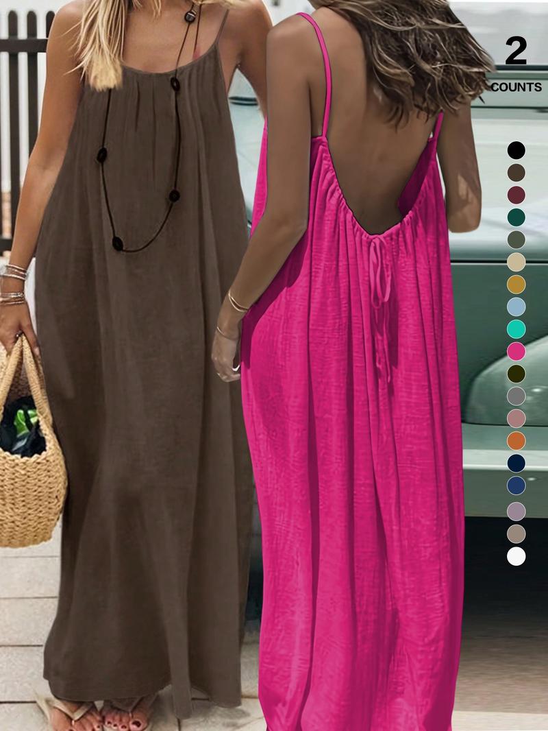 Women's Plain Backless Long Dress, Elegant Sleeveless Loose-Fitting Sleepwear, All Seasons Casual Wear