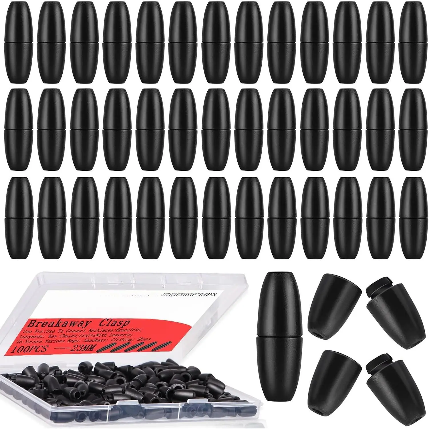 100 count Breakaway Clasps for  Making - 25mm Safety Lanyard Clasps, Black Plastic Bead Connectors for Necklace, Bracelet, ,Hangers,Lanyards (Black)