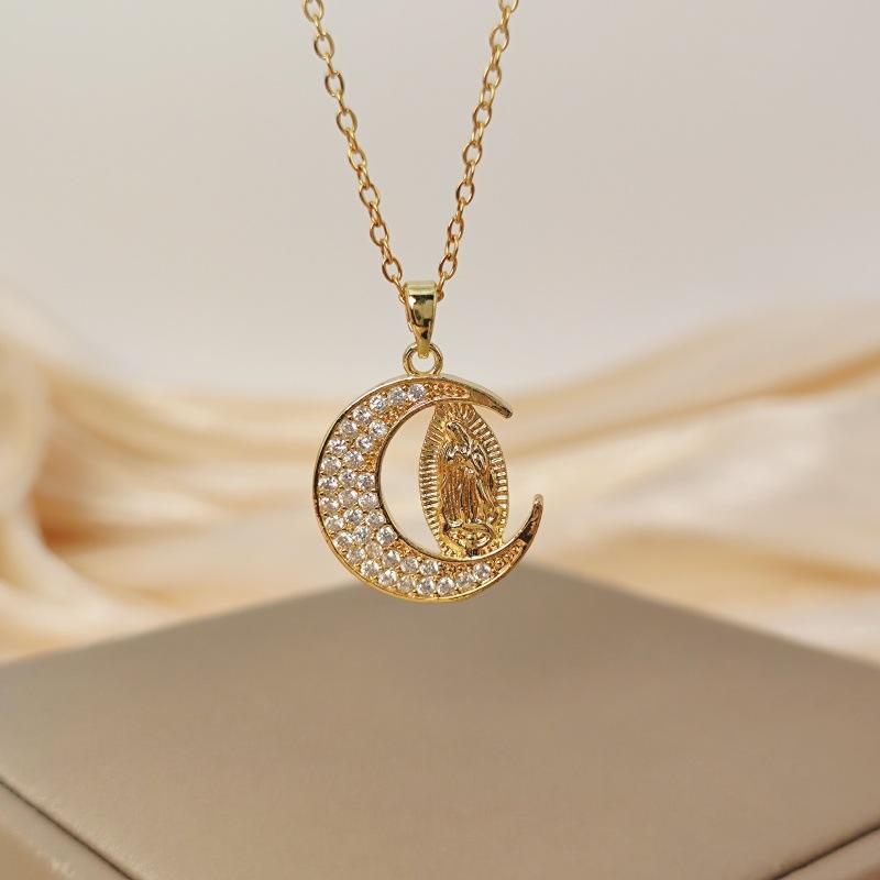 14 Karat Gold Plated Our Lady of Guadalupe Necklace for Female - CZ Virgin Mary Crescent Moon Pendant, Dainty Catholic Religious Jewelry, Faith Gift for Daily Wear, Special Occasions
