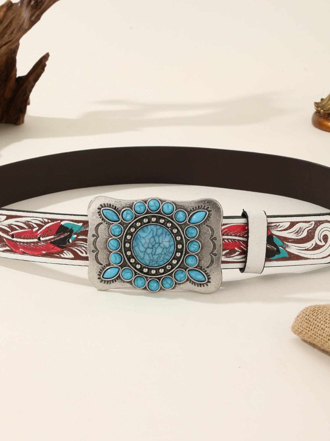 Wide Belt for Women, Vintage Court Style, Sapphire Inlaid Oval Western Buckle, Pants Waist Belt, Cross-Border Fashion Accessory